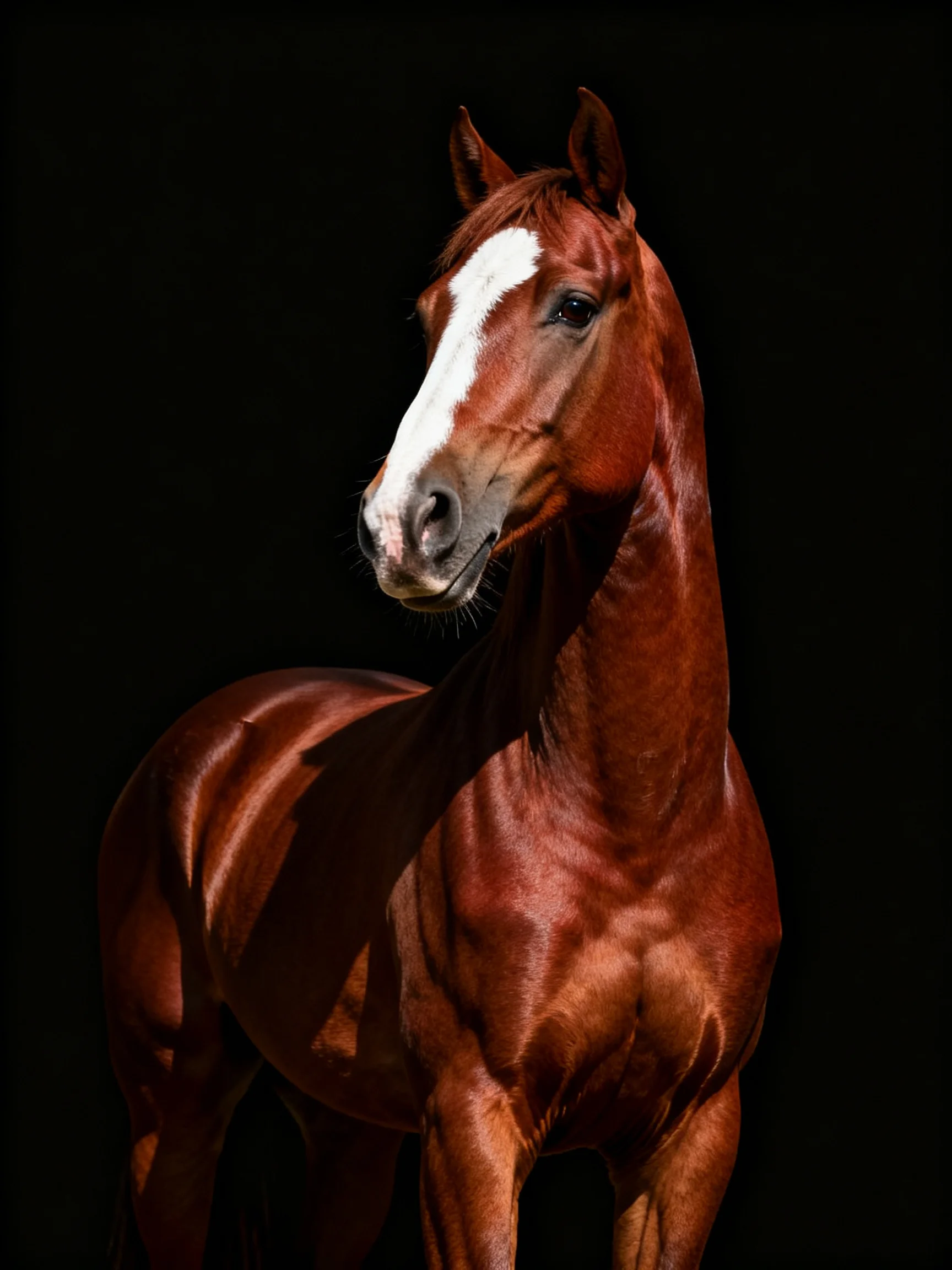 Chestnut horse with bold white blaze on black backdrop