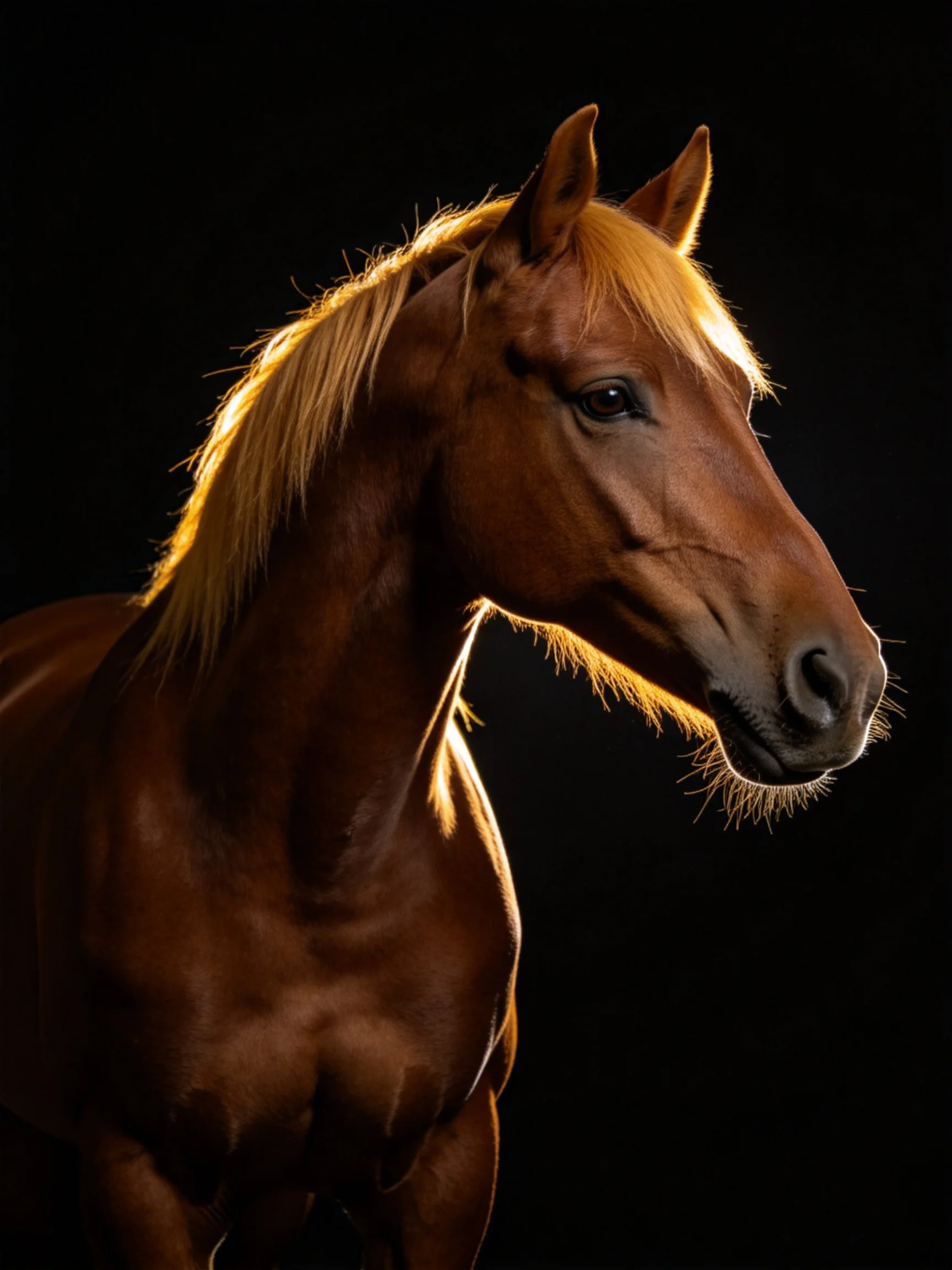 A chestnut horse with golden mane stands out dramatically against a black background.