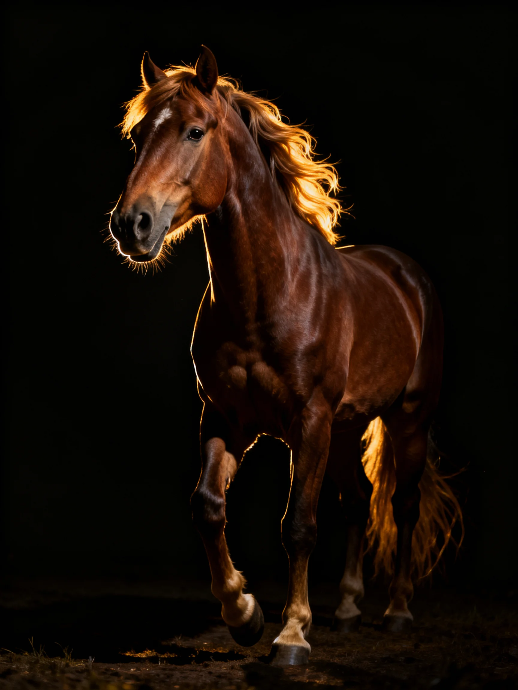 Chestnut horse with golden mane lit dramatically against a black backdrop