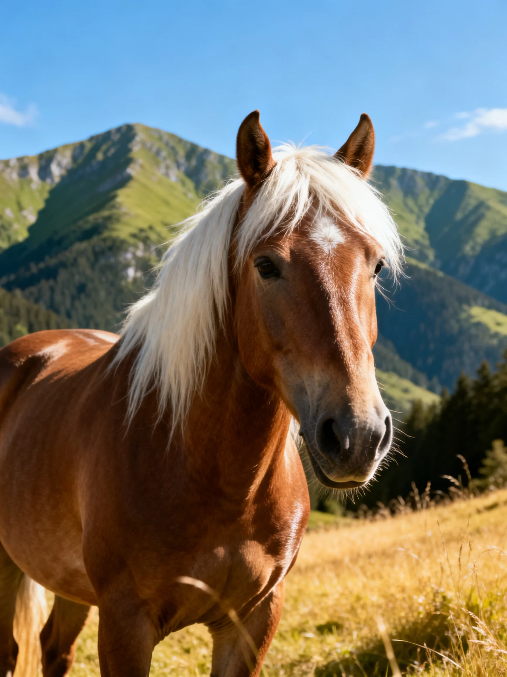 Chestnut horse with long white mane near green mountain peaks