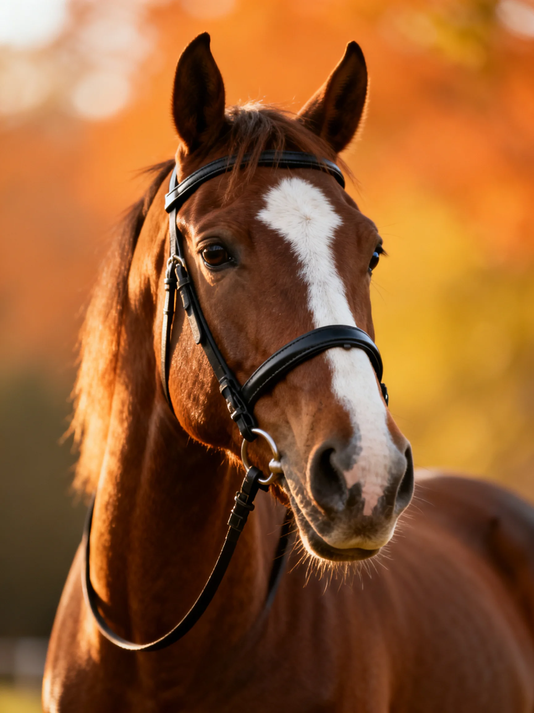 Chestnut horse with white blaze and black bridle in autumn hues