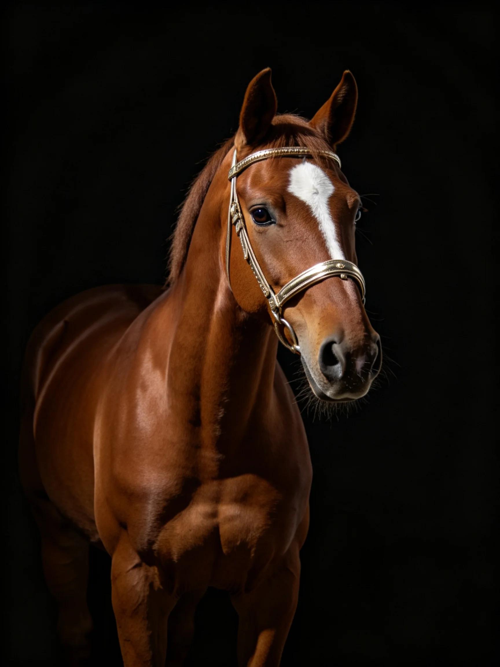Chestnut horse with white blaze and golden bridle stands out against a black backdrop.