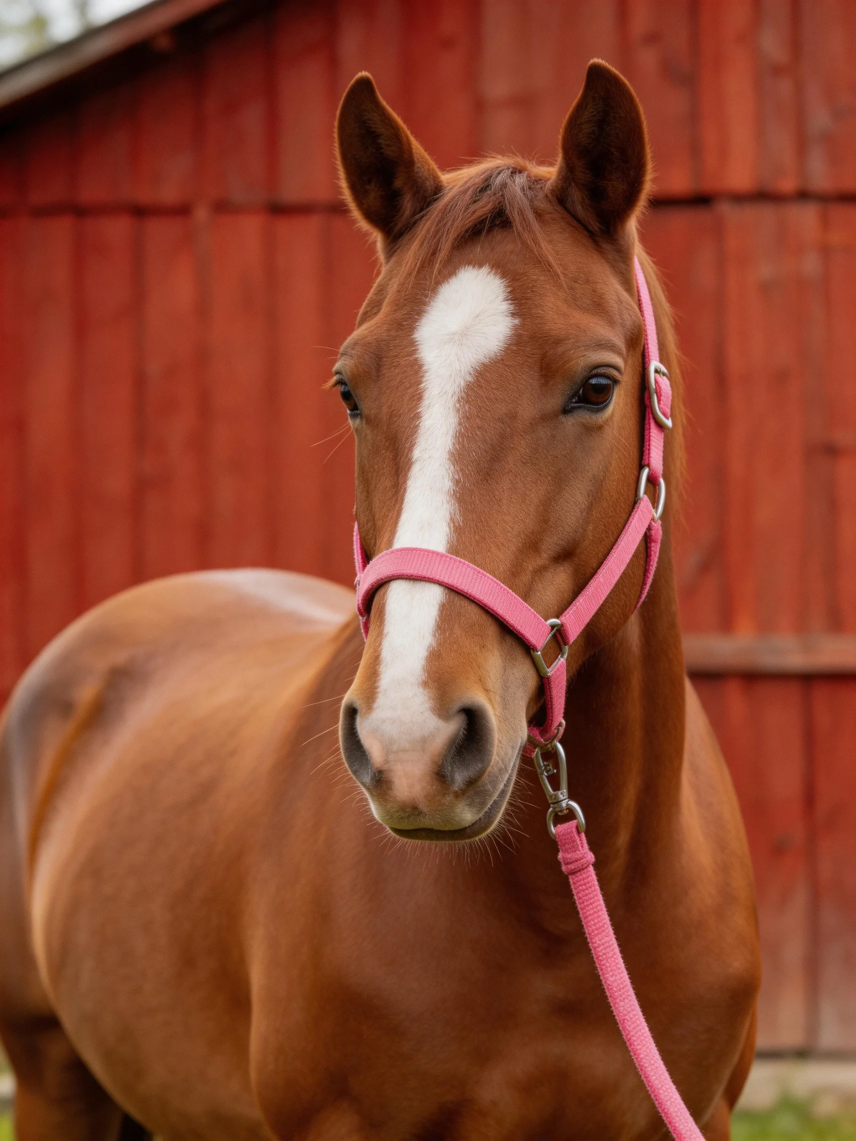 Chestnut horse with white blaze in pink halter near red barn