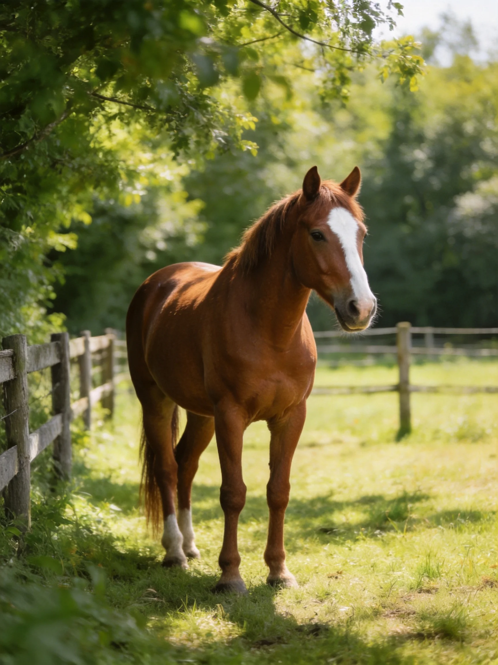 Chestnut horse with white blaze in sunlit fenced pasture