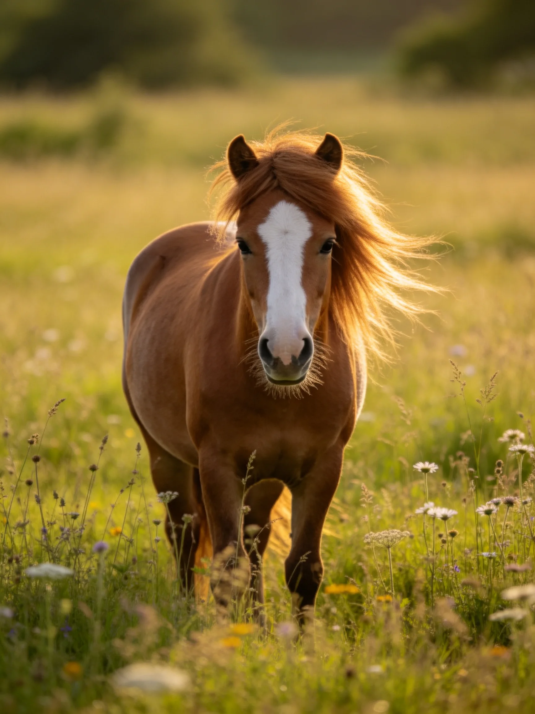 Chestnut horse with white blaze roams sunlit wildflower meadow