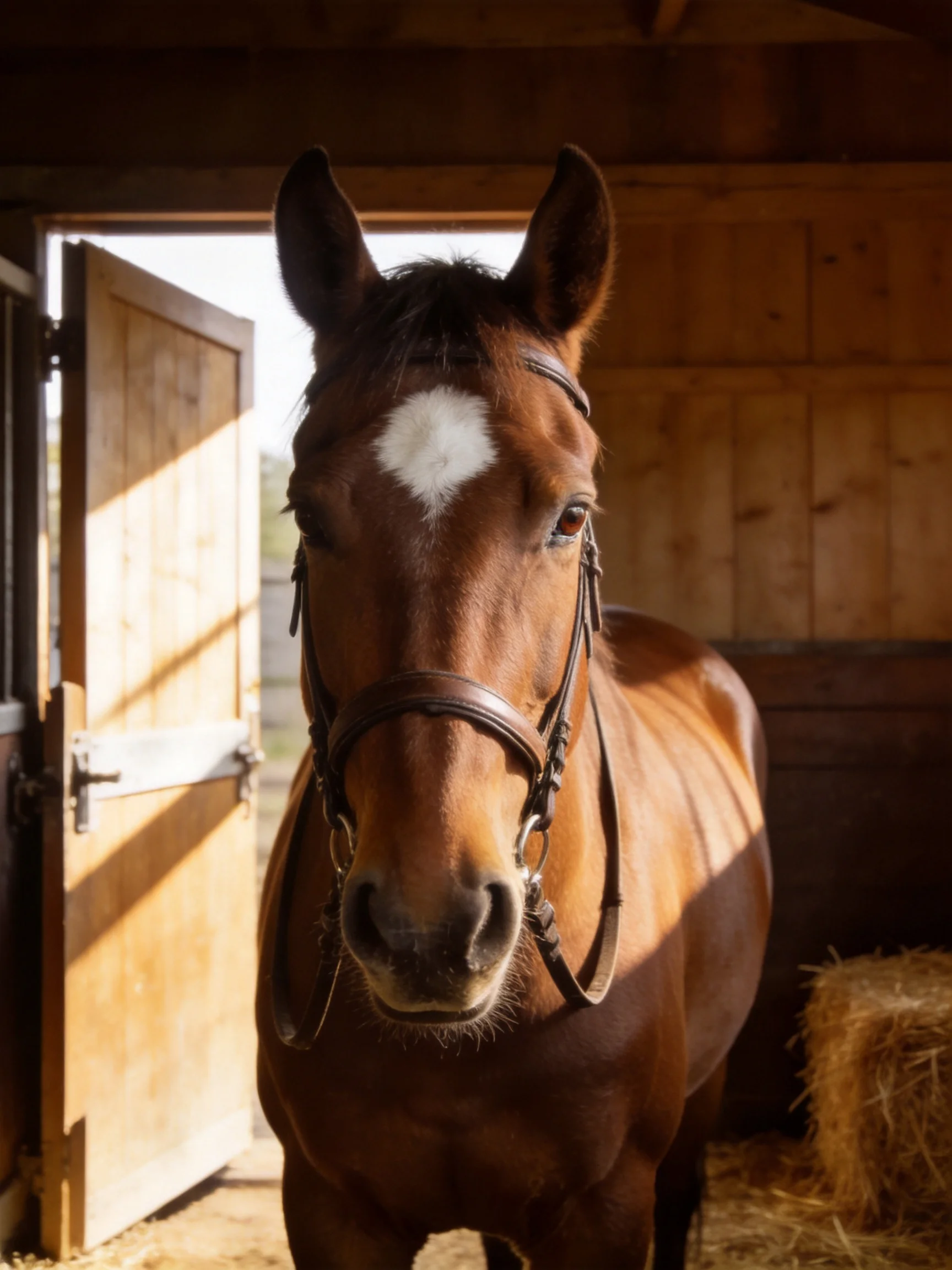 Chestnut horse with white blaze in wooden stable near hay bales