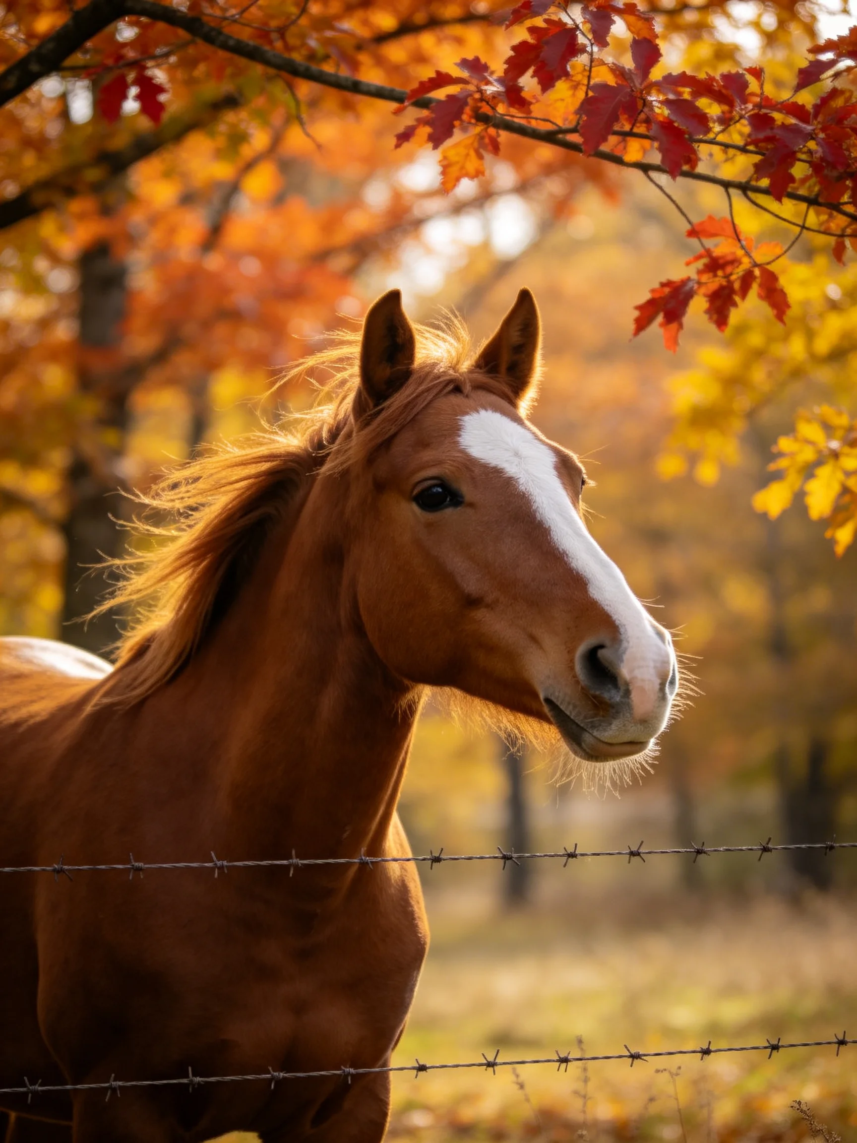 Chestnut horse with white blaze near barbed wire fence among autumn trees