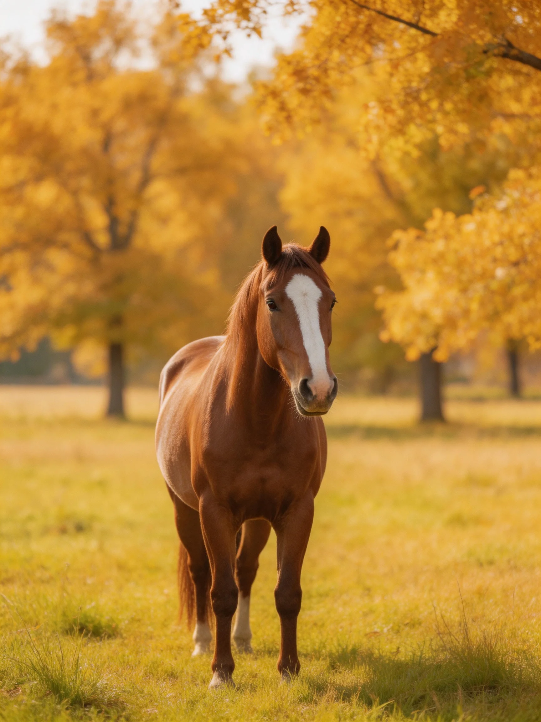 Chestnut horse with white blaze stands in golden autumn meadow