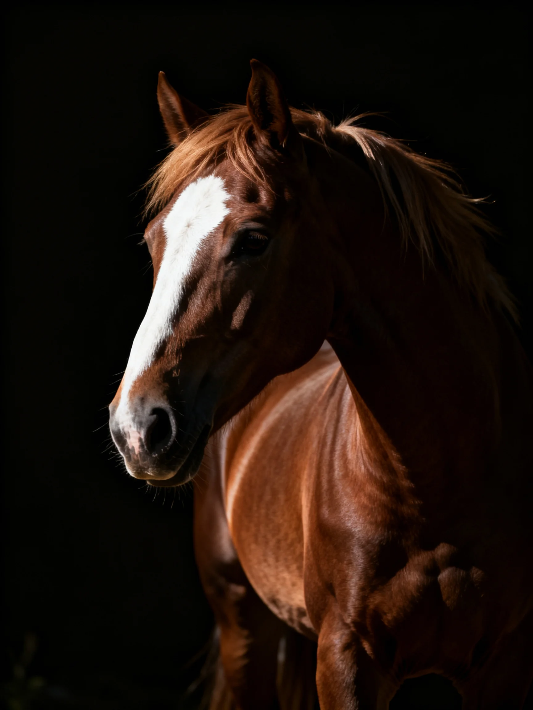Chestnut horse with white blaze under moody lighting