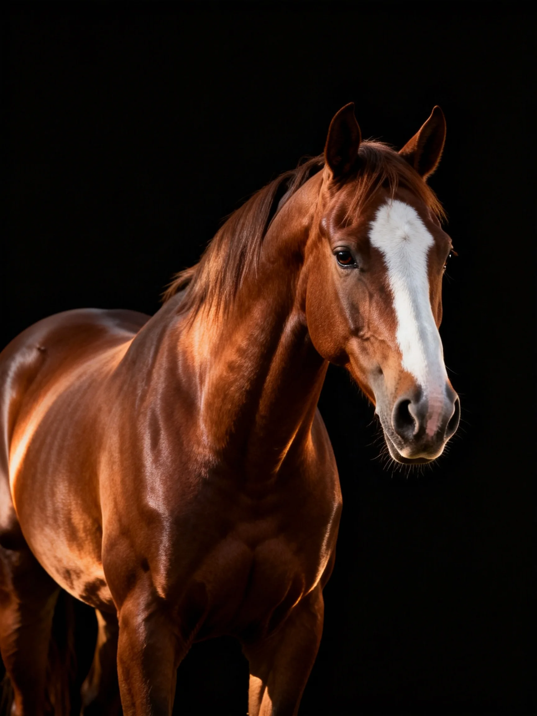 Chestnut horse with white facial marking on black backdrop