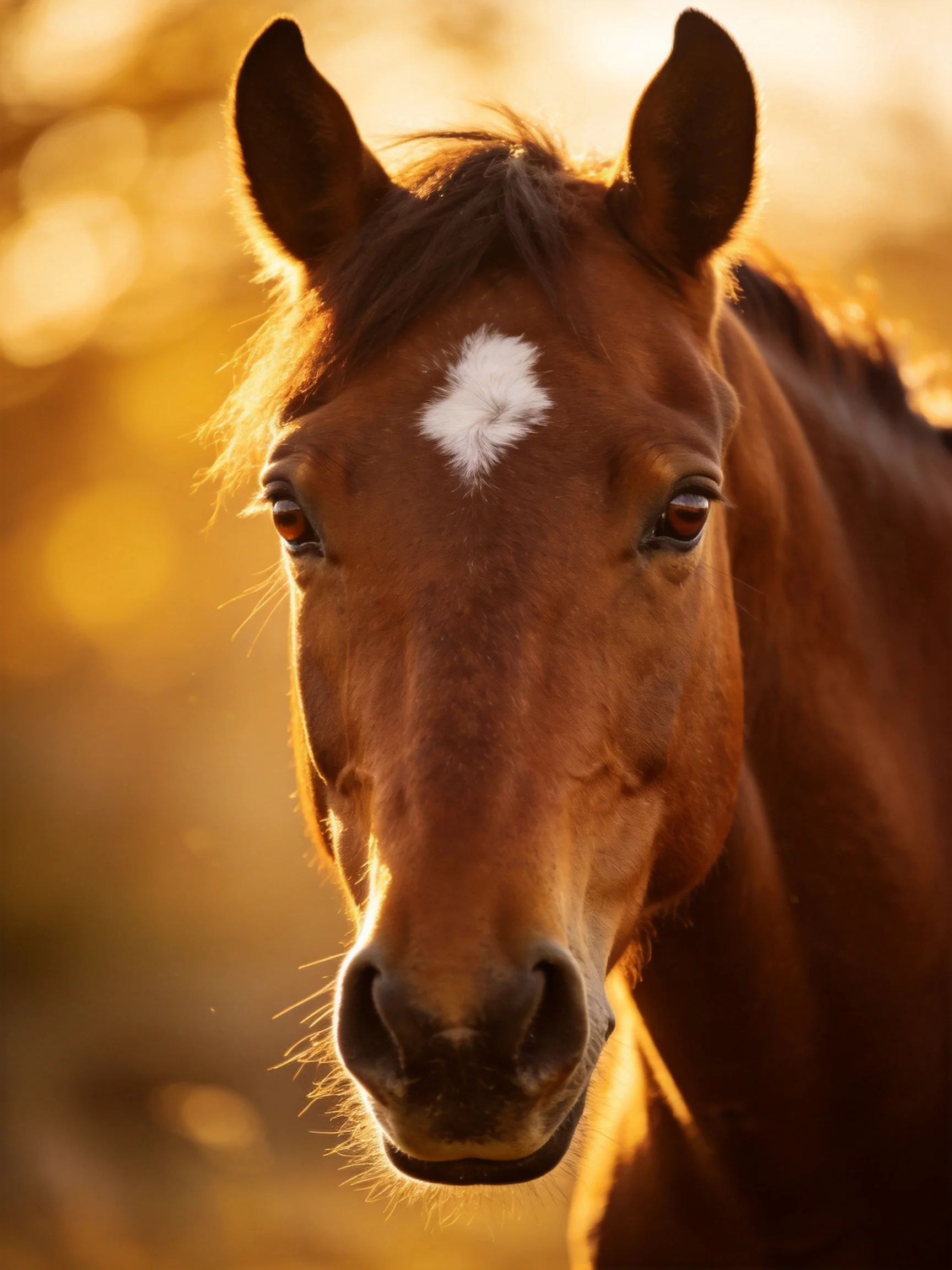 Chestnut horse with white forehead marking in golden-hour illumination