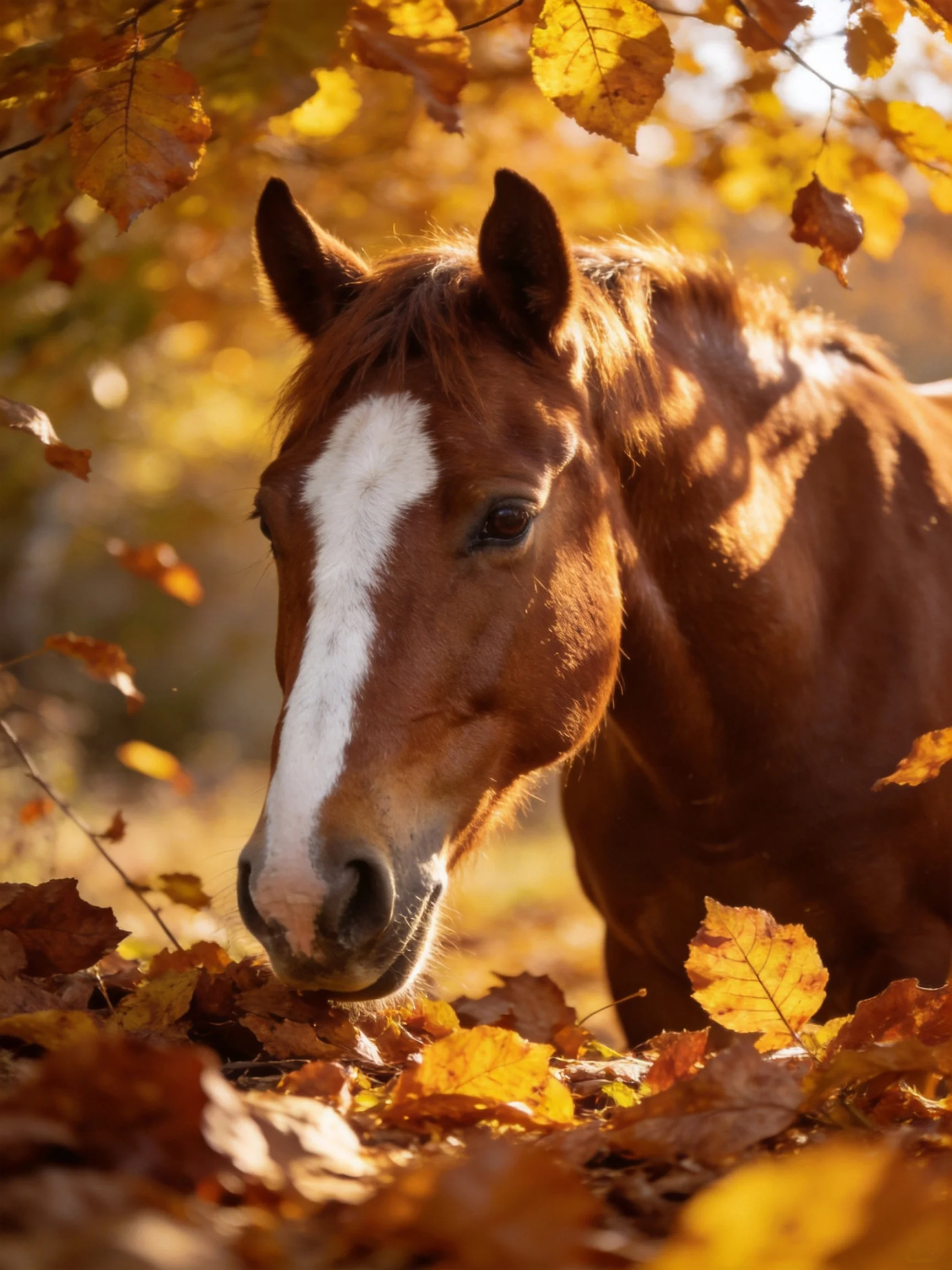 Chestnut horse with white stripe among golden autumn leaves