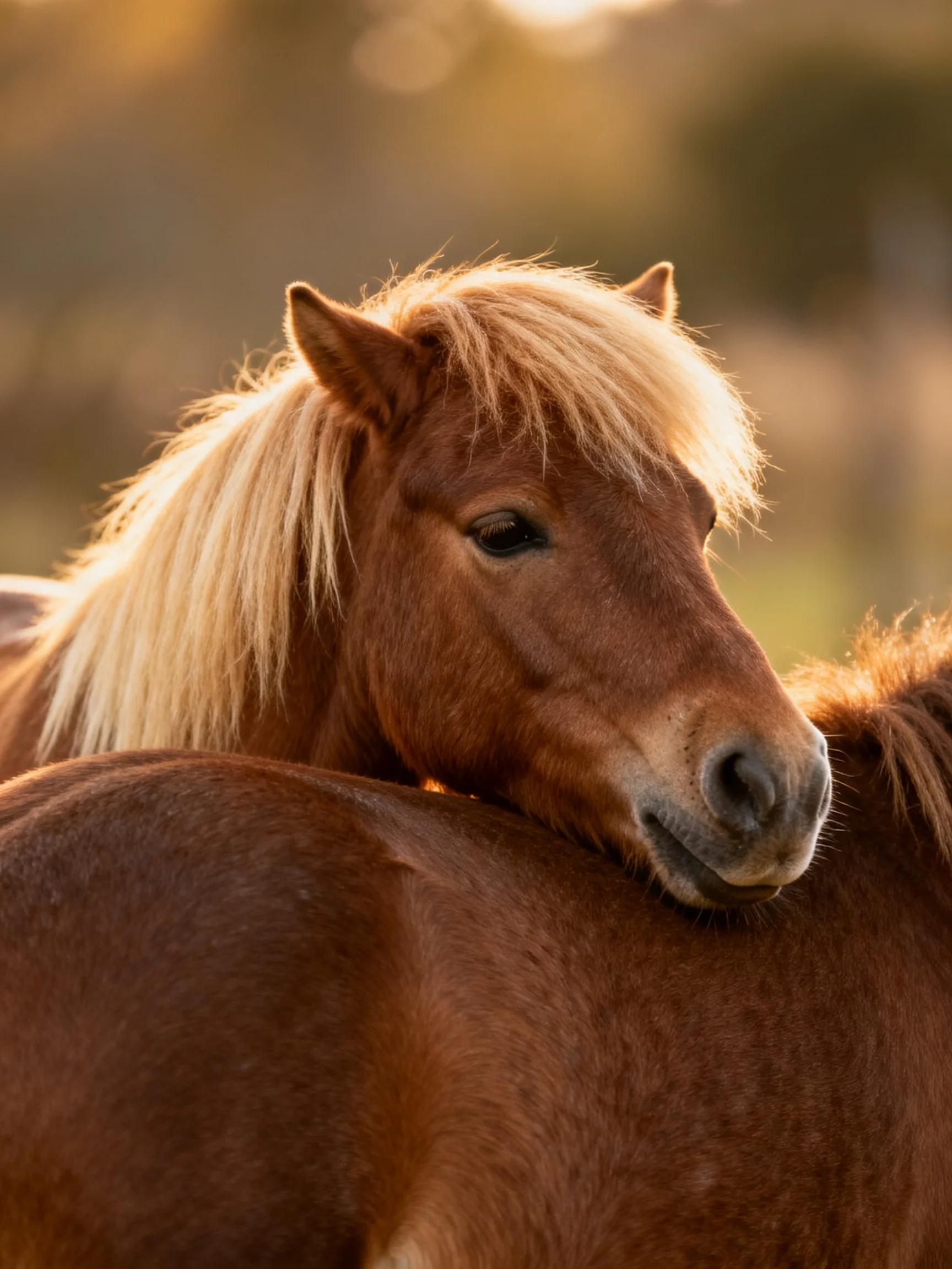 Chestnut ponies nuzzle, golden manes glowing in warm light