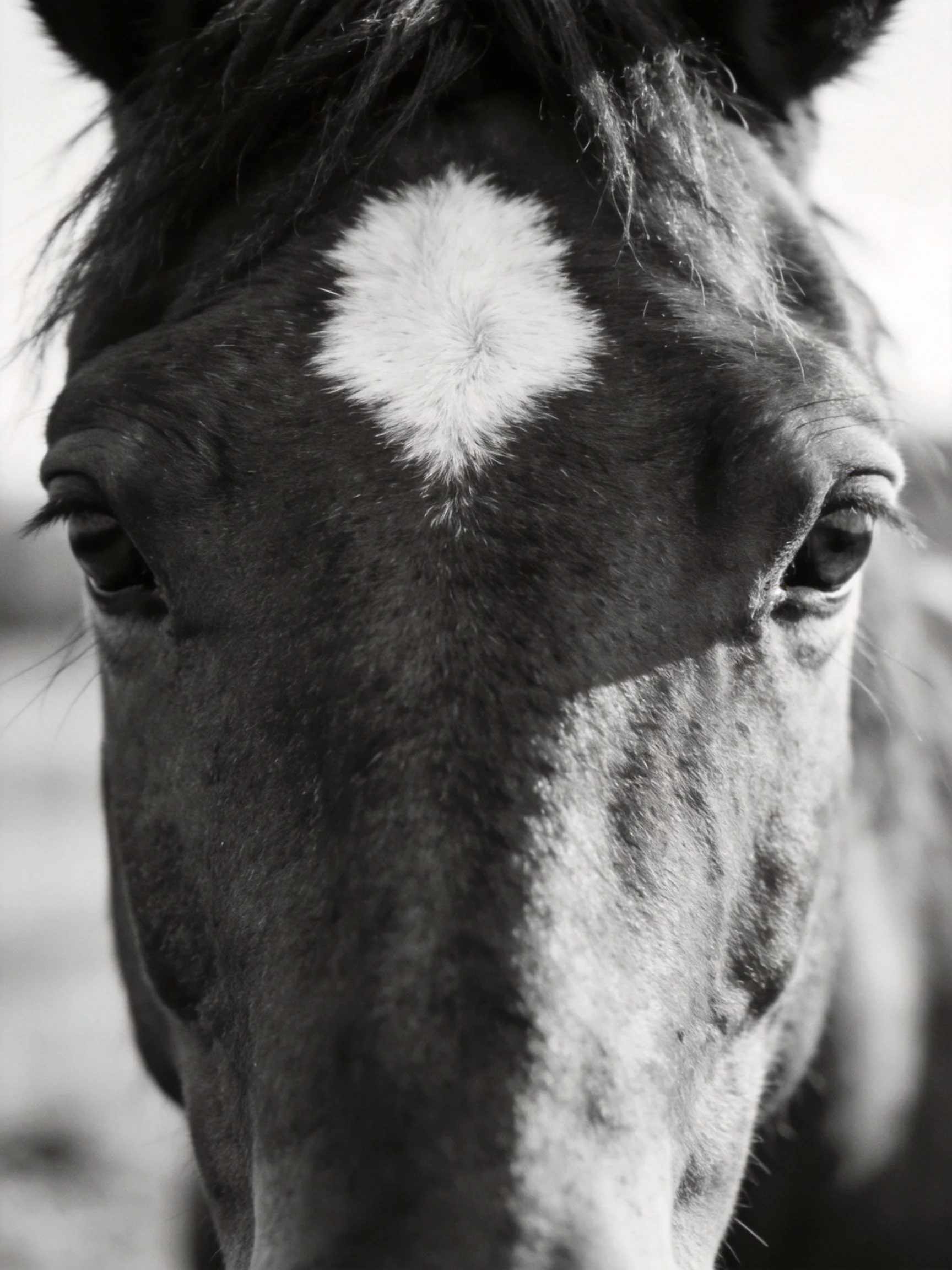Close - up Black and White Portrait of a Horse with Distinct Forehead Marking