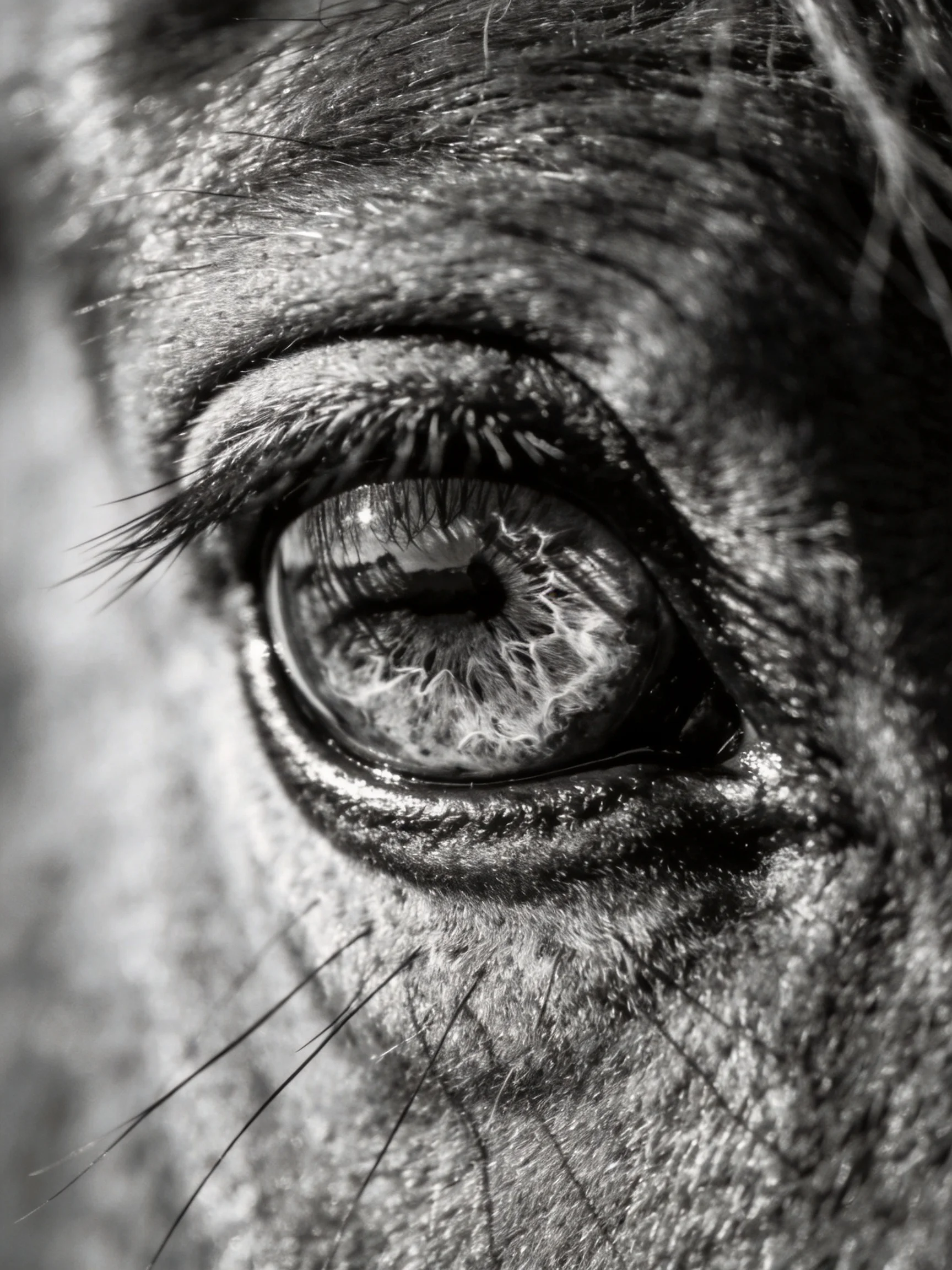 Close - up black - and - white view of a horse’s textured eye