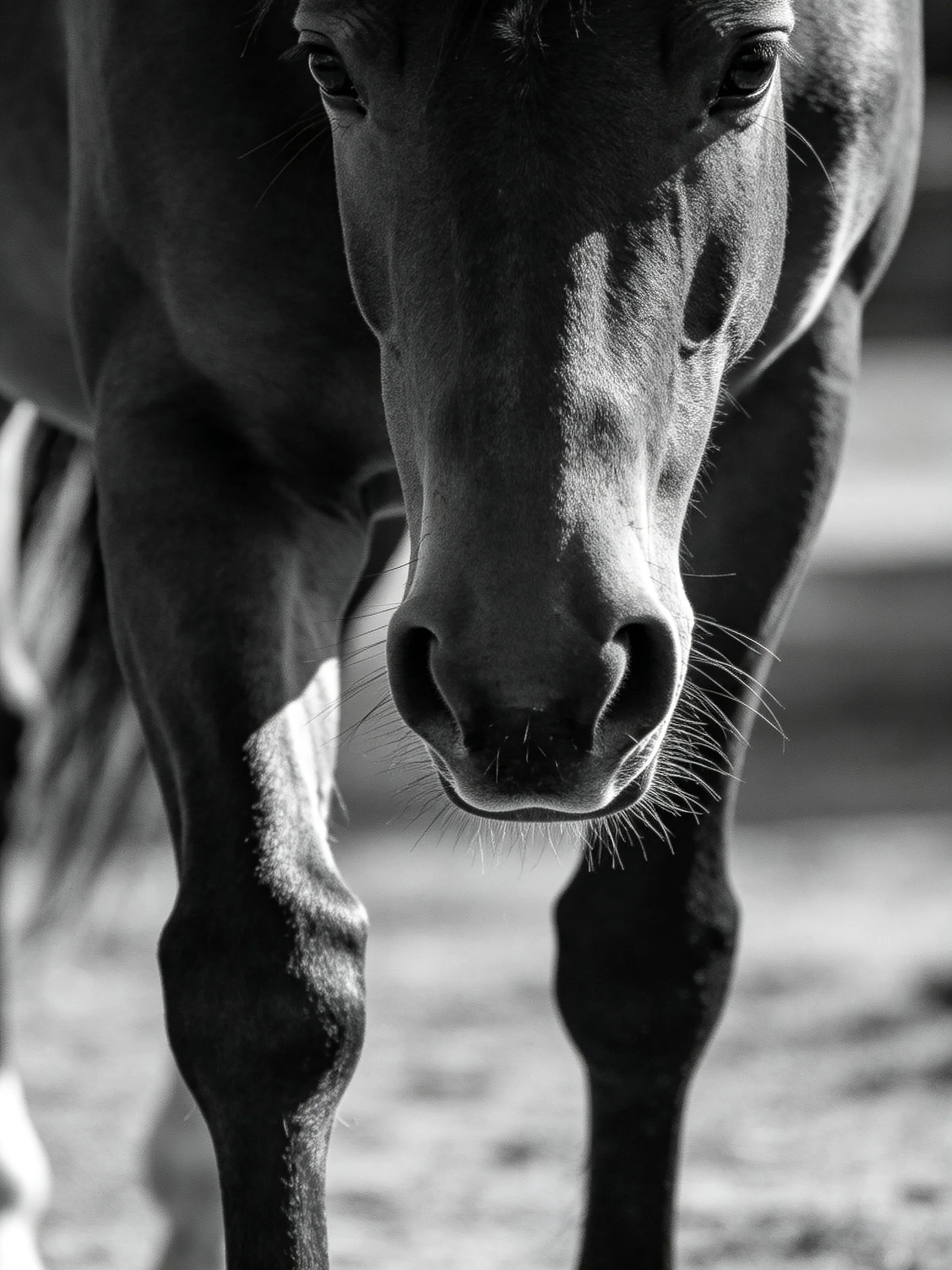 Close - up black and white portrait of a horse’s face and legs