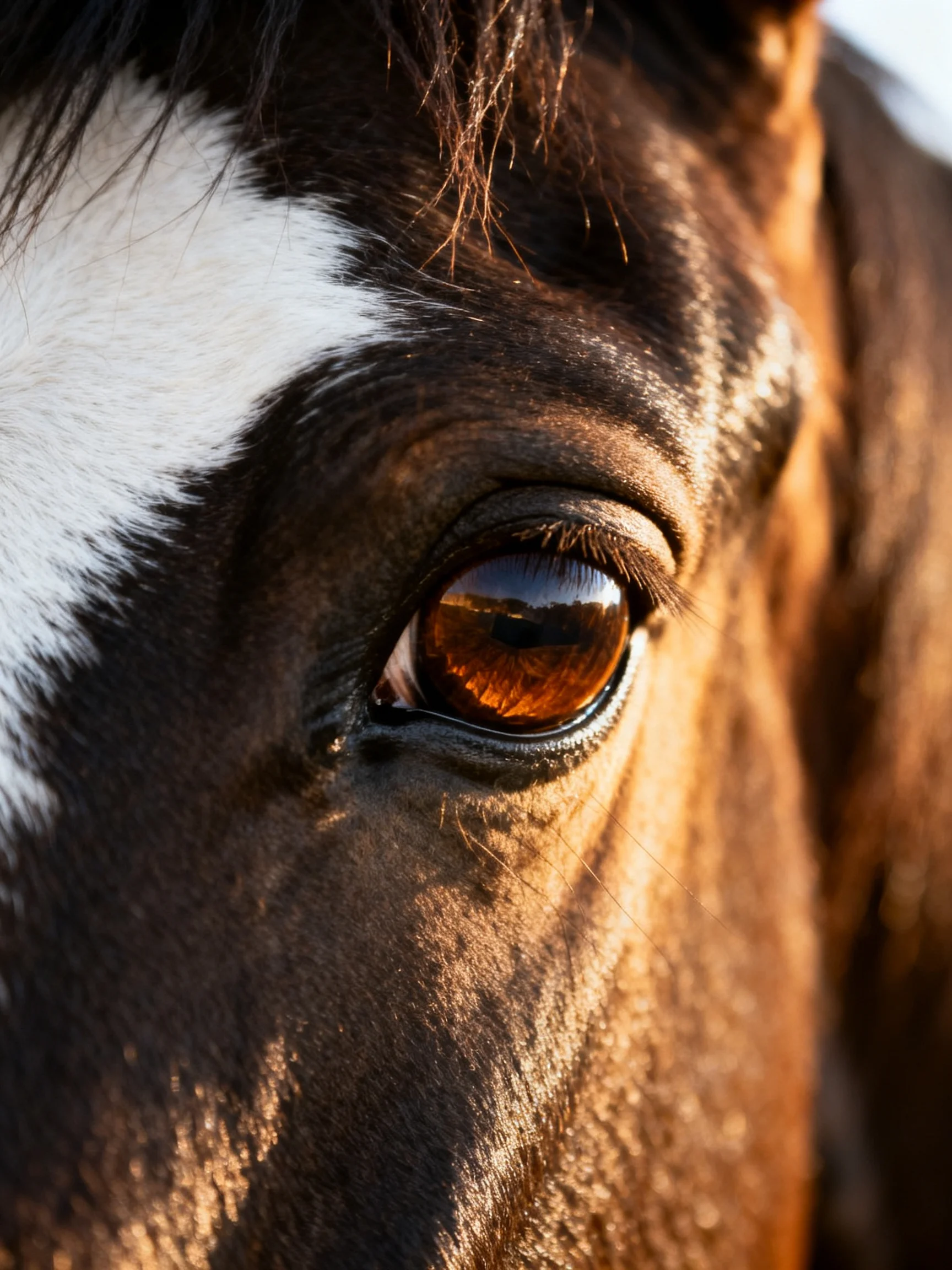 Close - up of a brown and white horse’s amber - toned eye