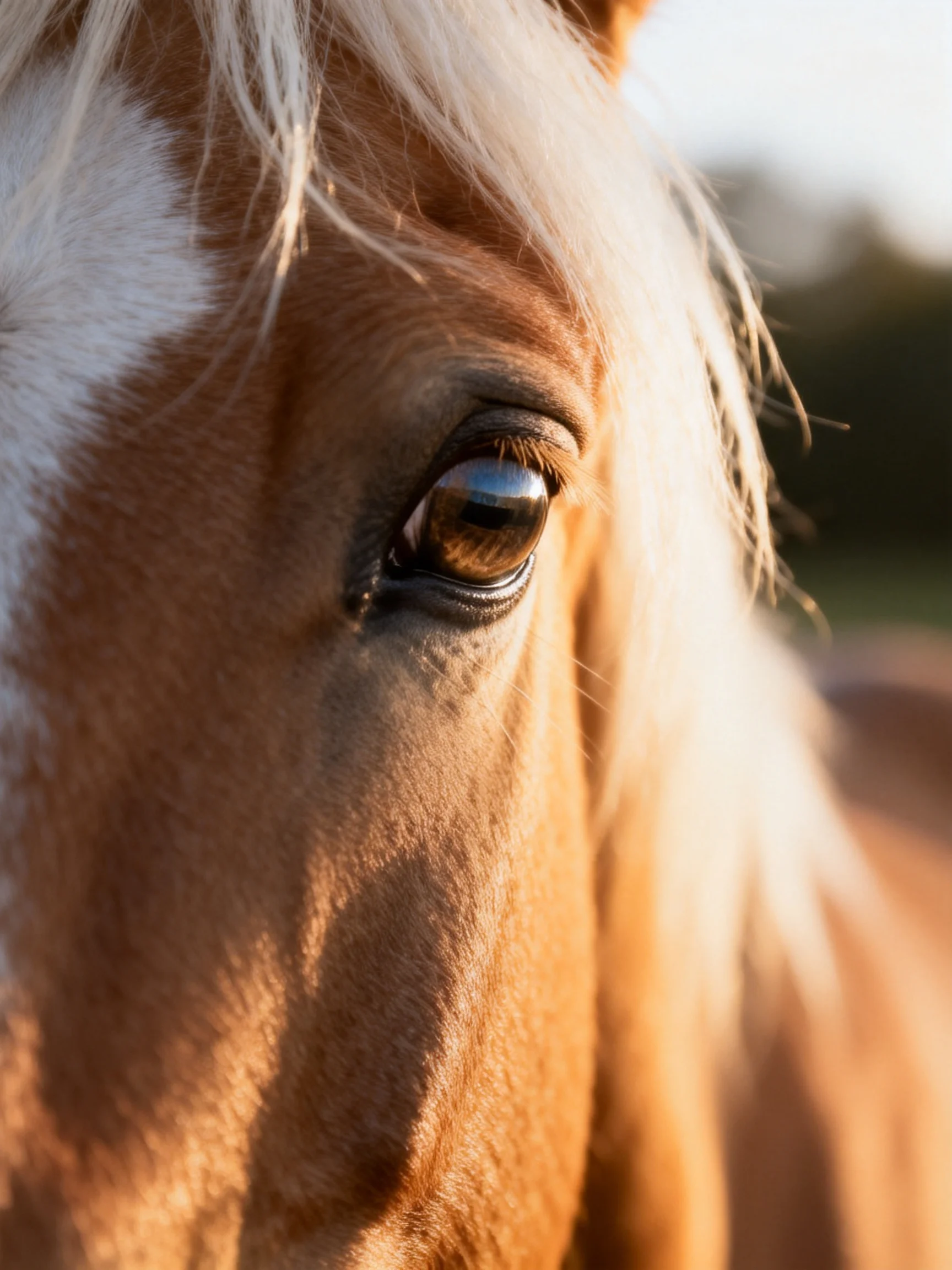 Close - up of a brown and white horse’s eye with flowing mane
