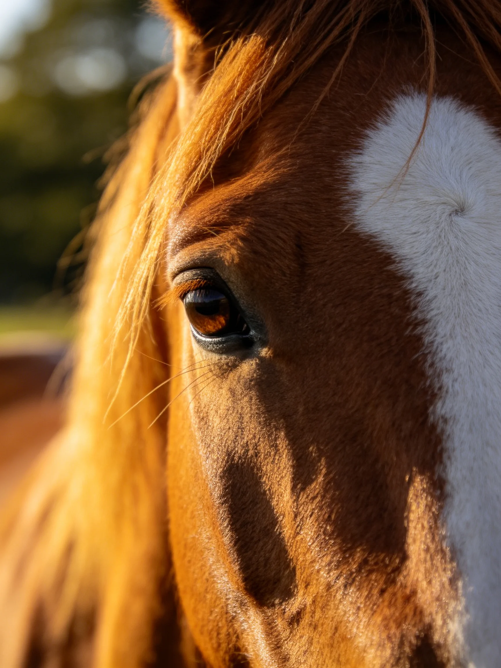 A close - up shows a brown and white horse’s eye and textured coat in natural light.