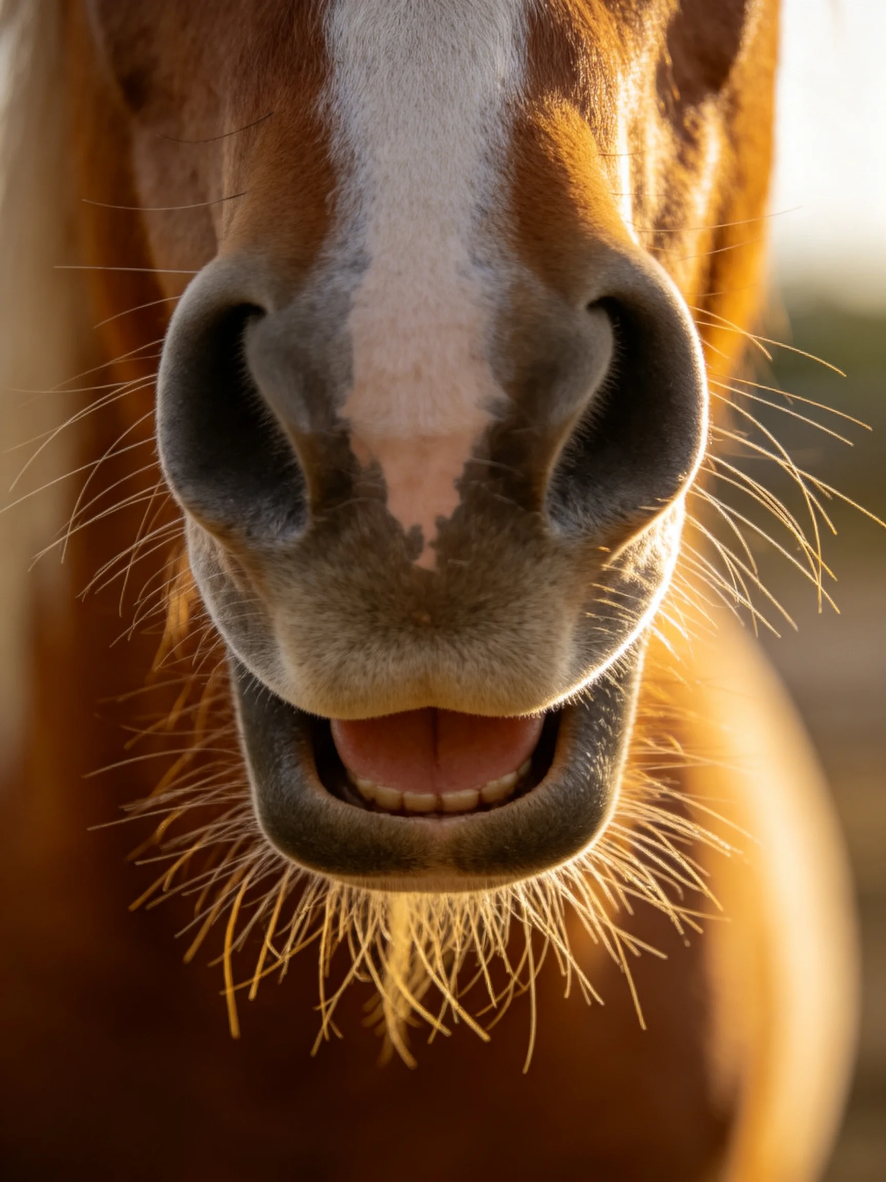 A close - up shows a brown and white horse smiling with golden lighting highlighting its features.