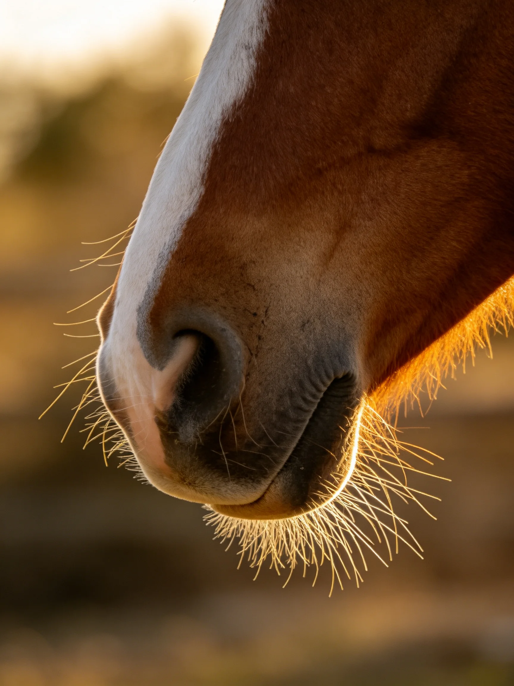Close - up of a brown and white horses nose with golden backlighting