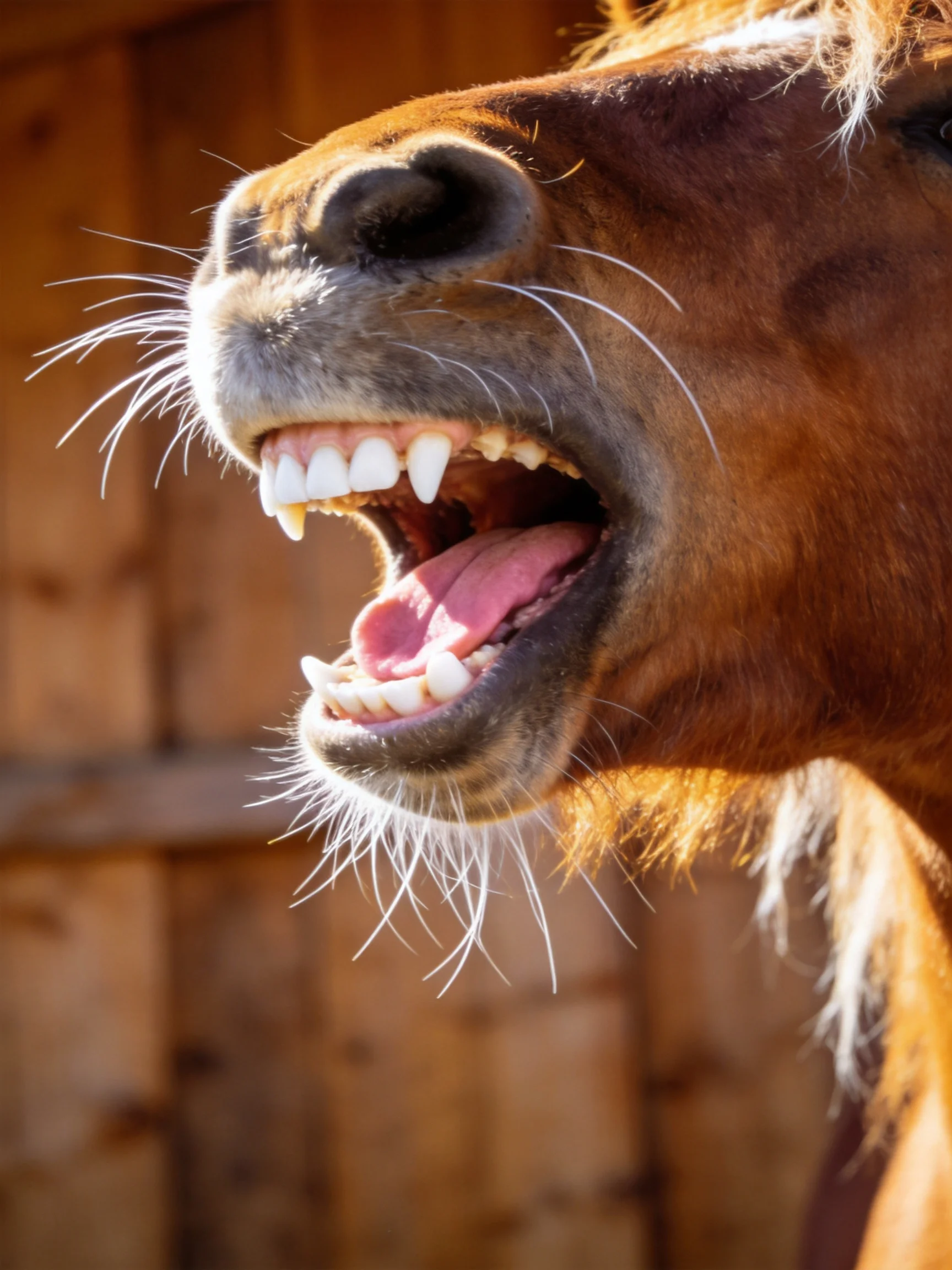 Close - up of a brown horse yawning with teeth exposed by a wooden fence