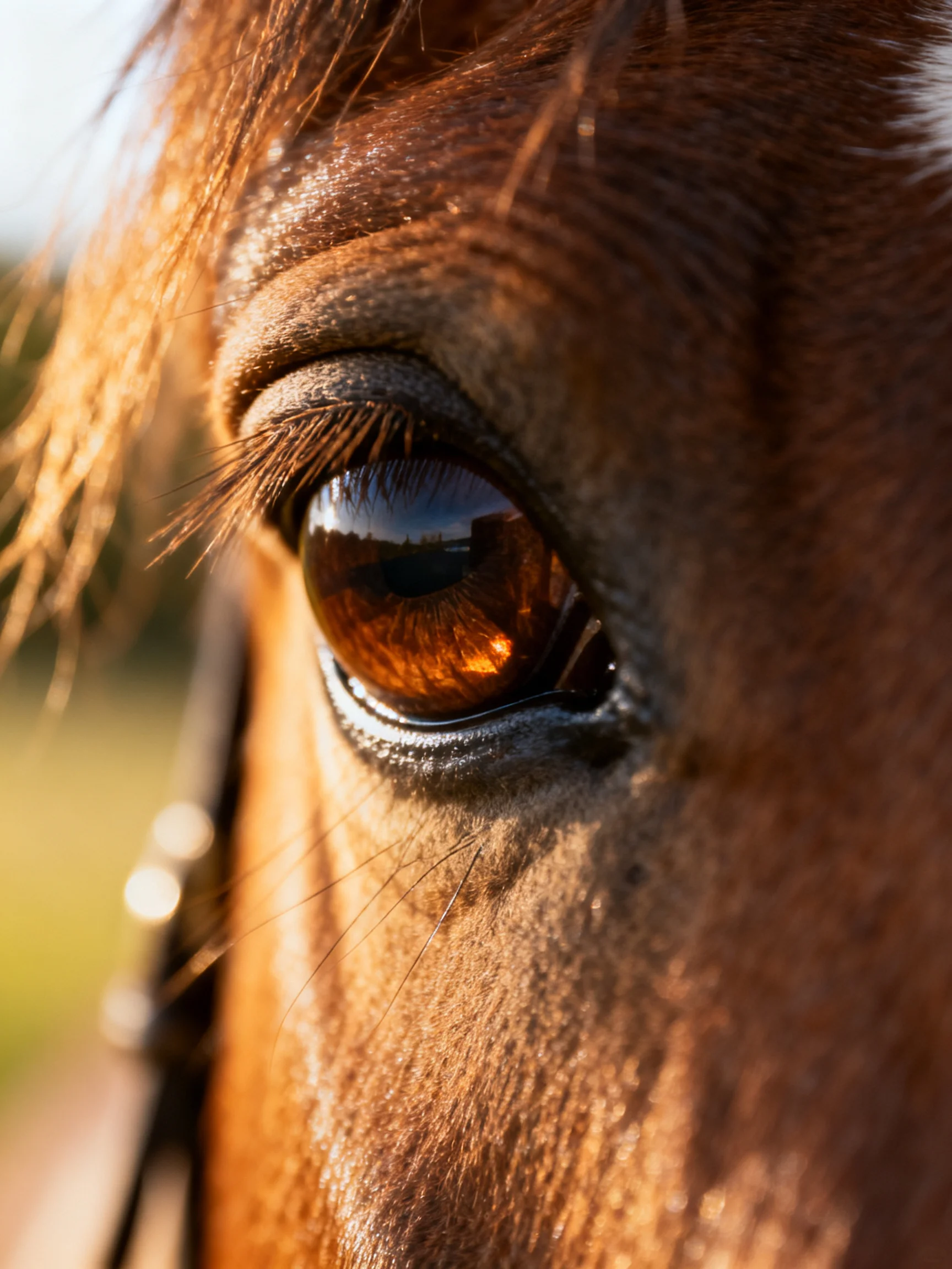 Close - up of a brown horse’s amber - hued eye with detailed textures