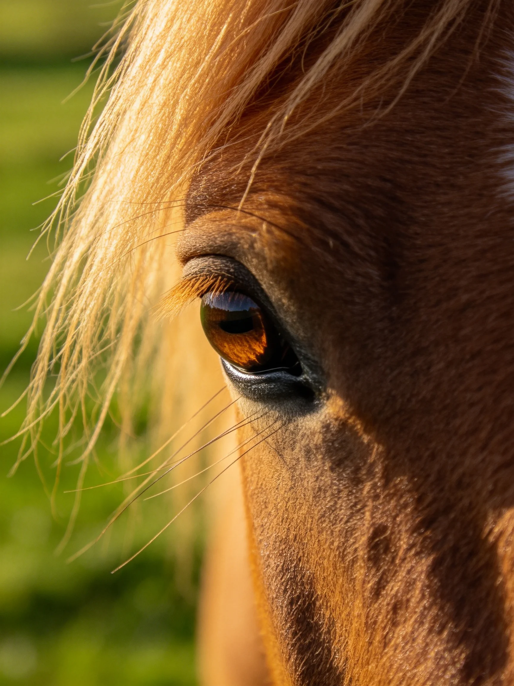 Close - up of a brown horse’s amber eye and golden mane