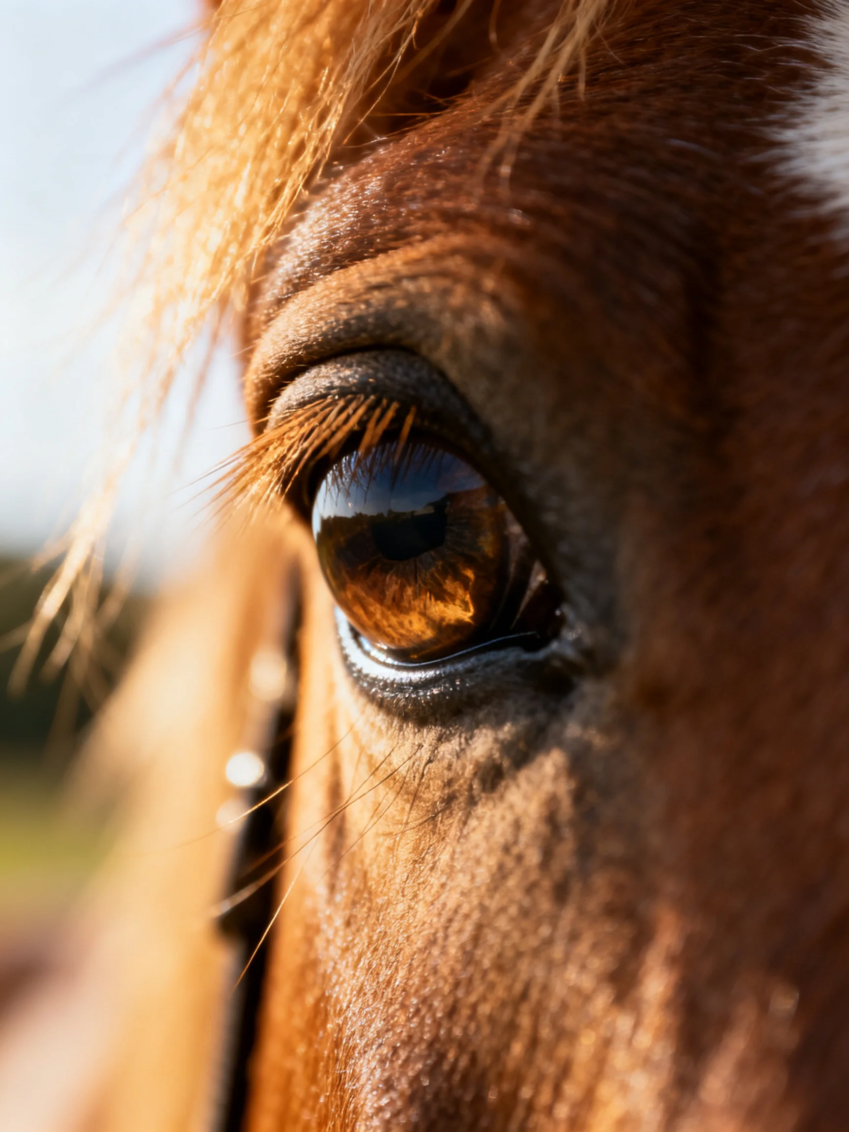 Close - up of a brown horse’s amber eye with golden mane