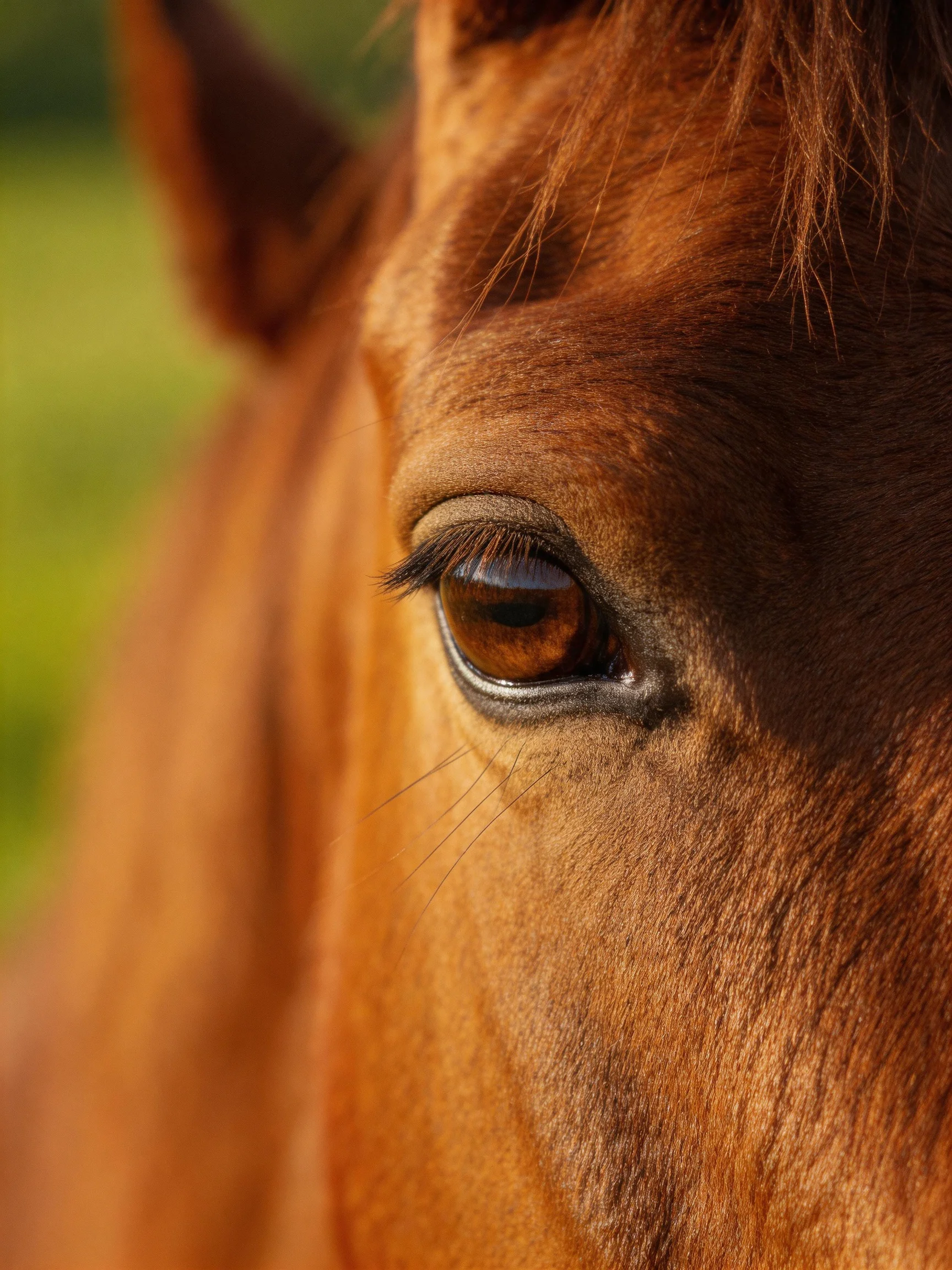 Close - up of a brown horse’s expressive eye with golden fur