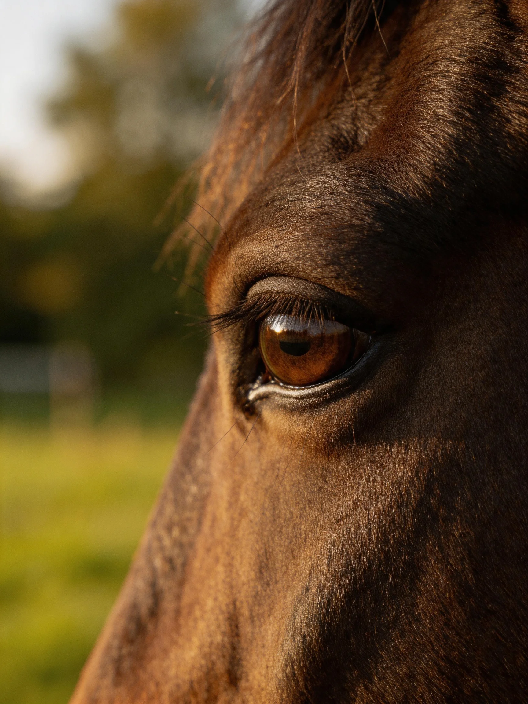 Close - up of a brown horse’s expressive eye with rich fur detail