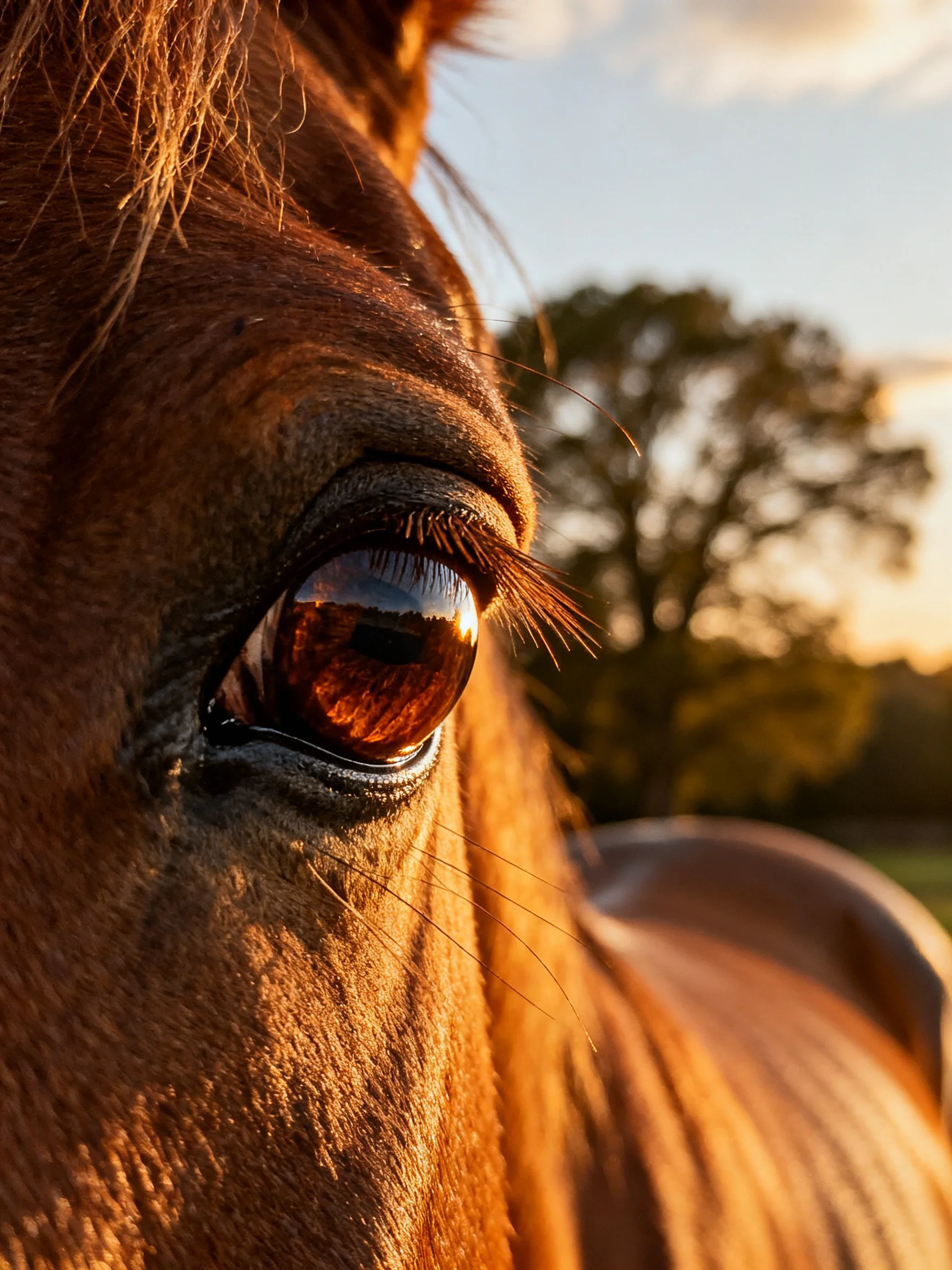 Close - up of a brown horse’s eye reflecting golden light