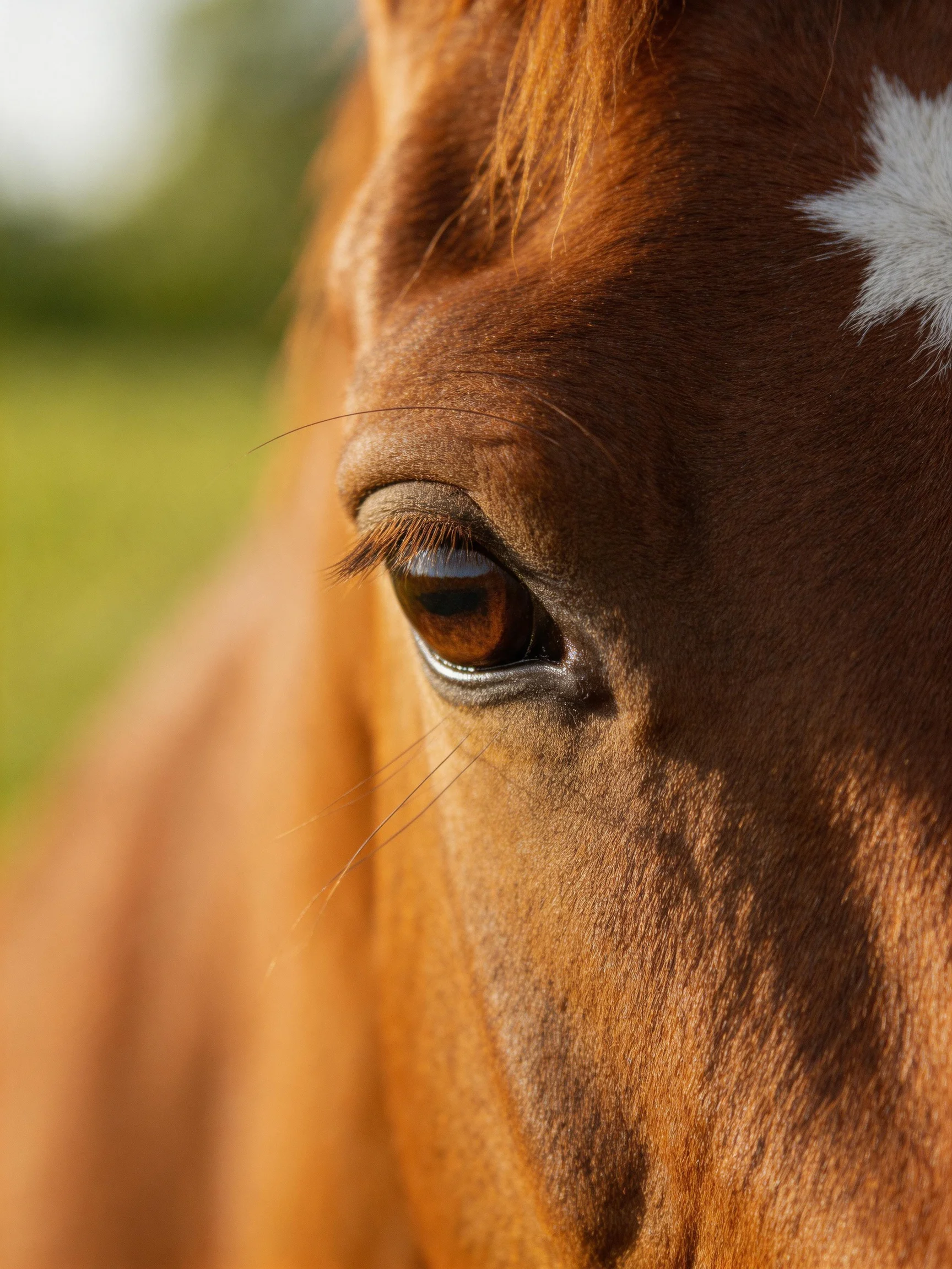 Close - up of a brown horse’s eye showing white marking near forehead