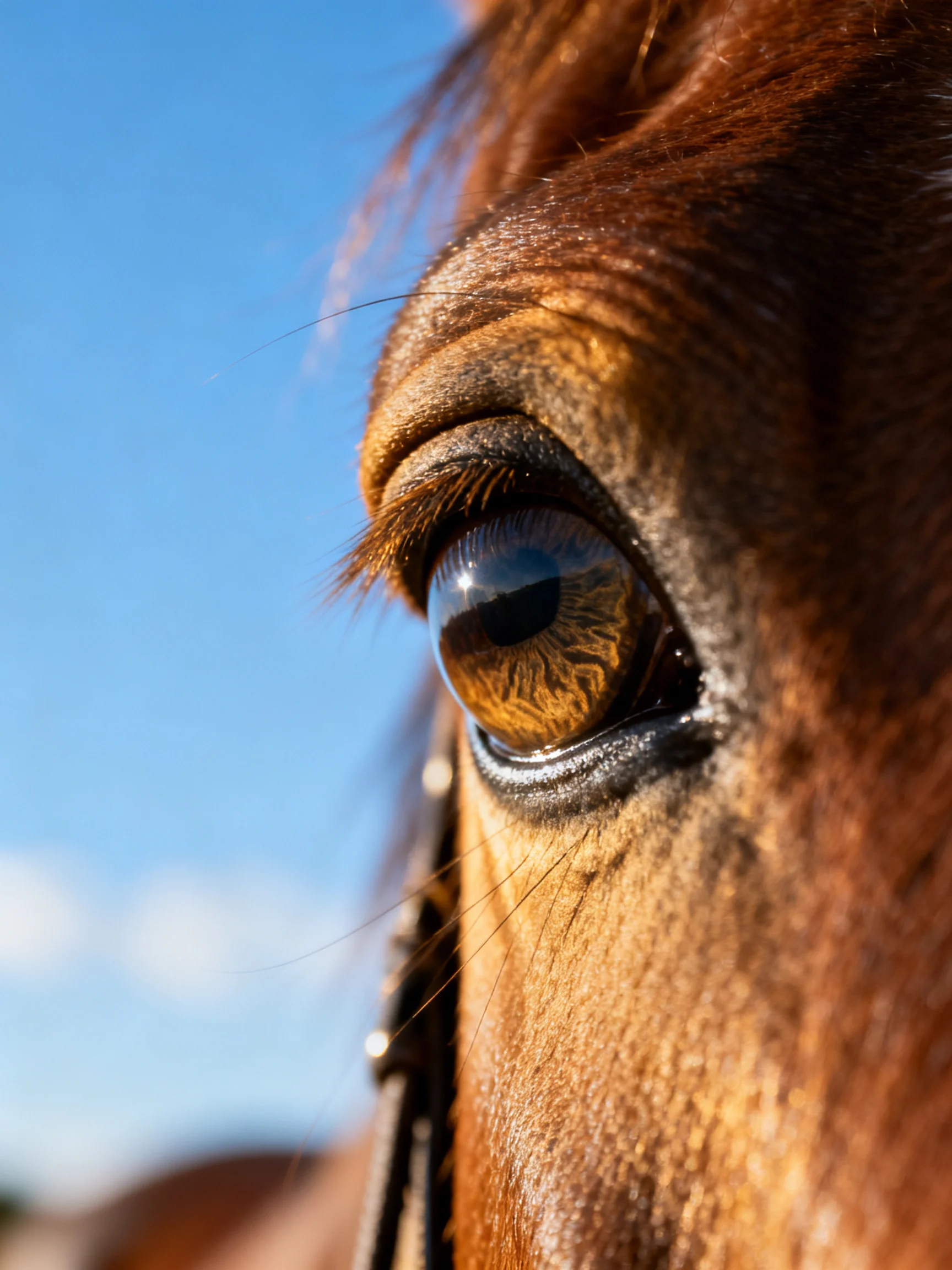 Close - up of a brown horse’s eye with a clear blue sky