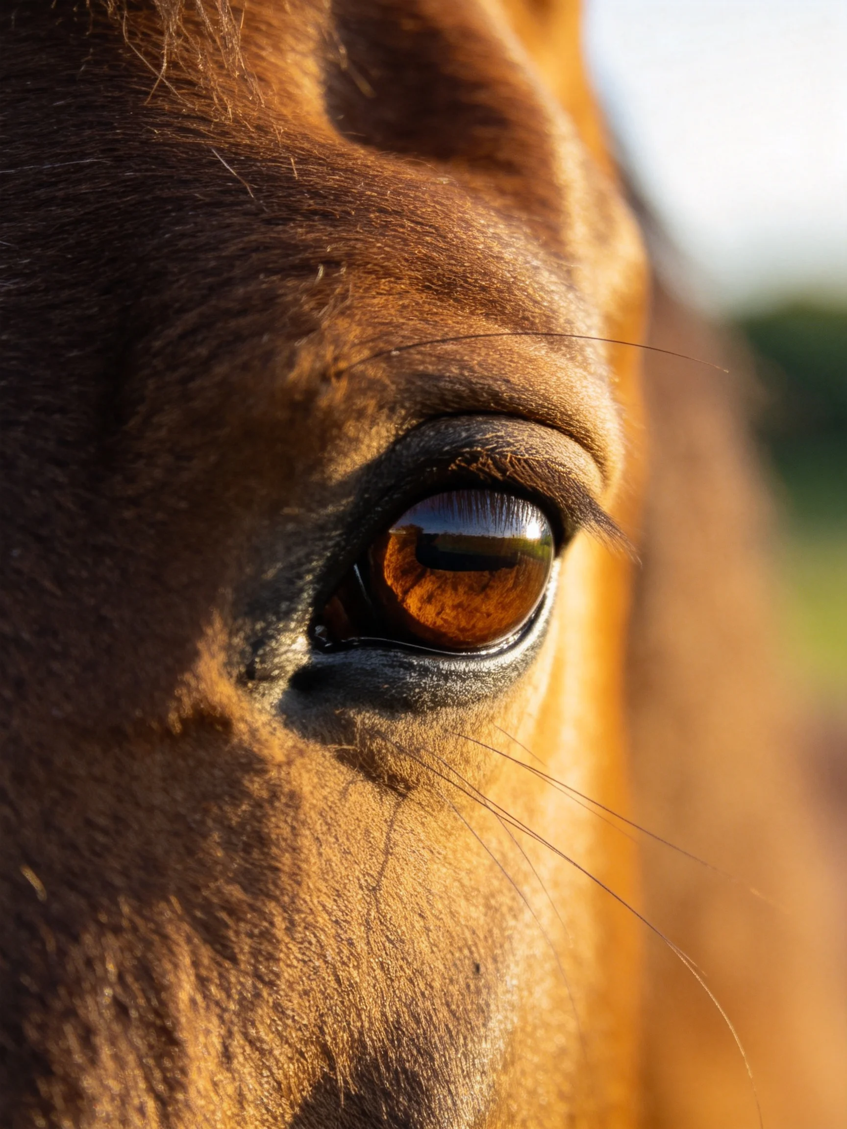 A close - up highlights a brown horse’s eye reflecting light.