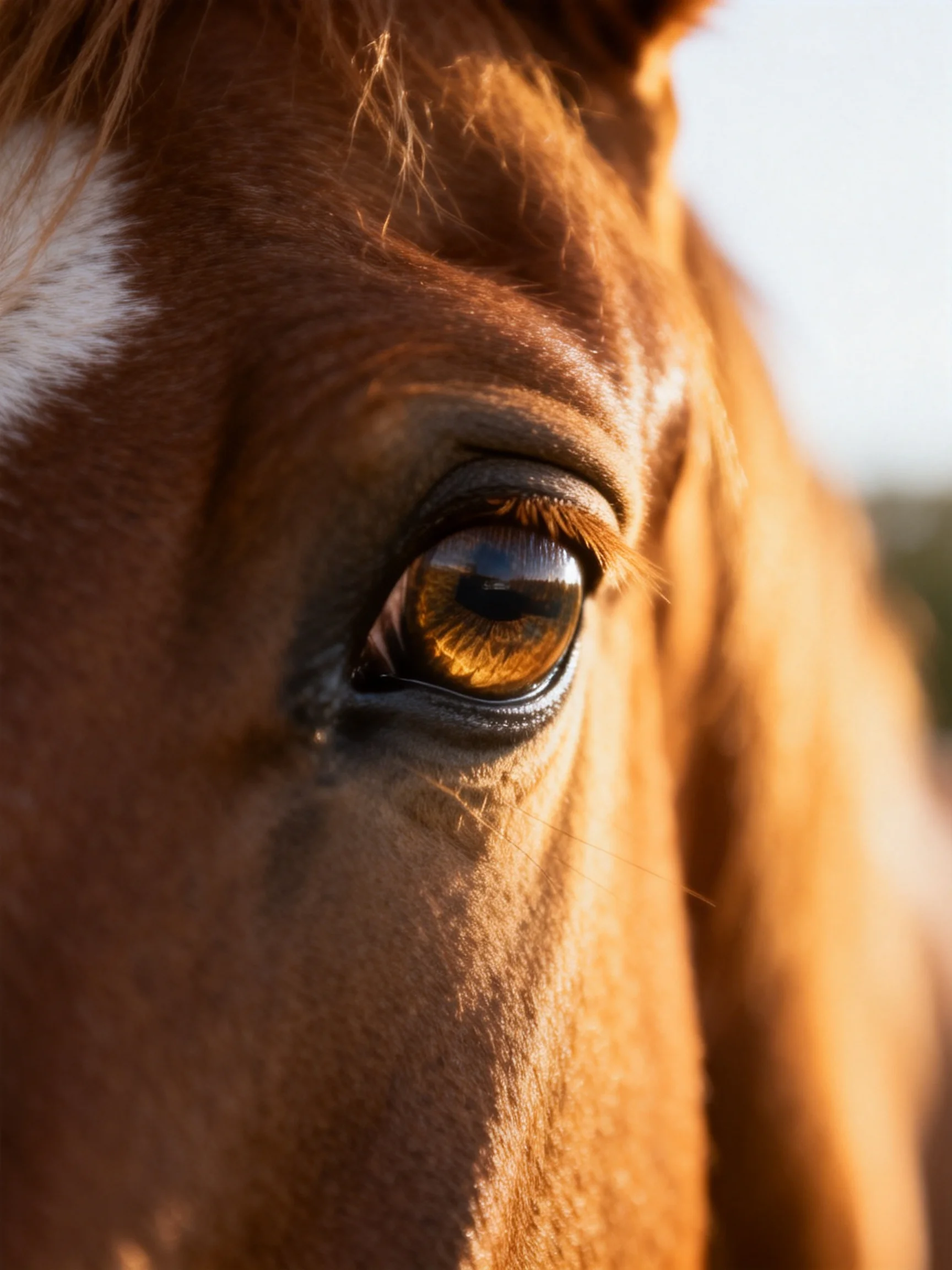 Close - up of a brown horse’s eye with amber iris detail