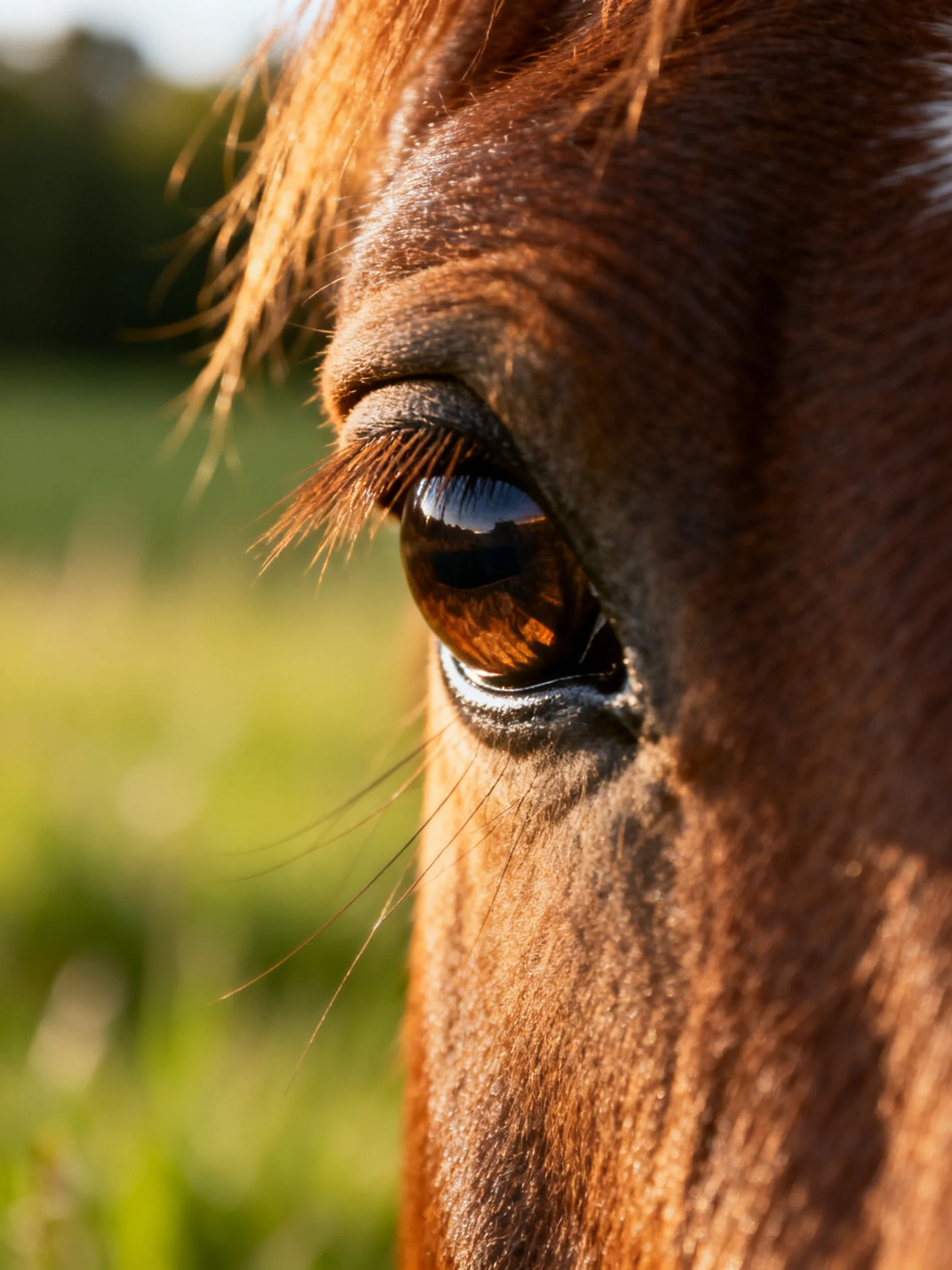 Close - up of a brown horse’s eye with detailed facial textures