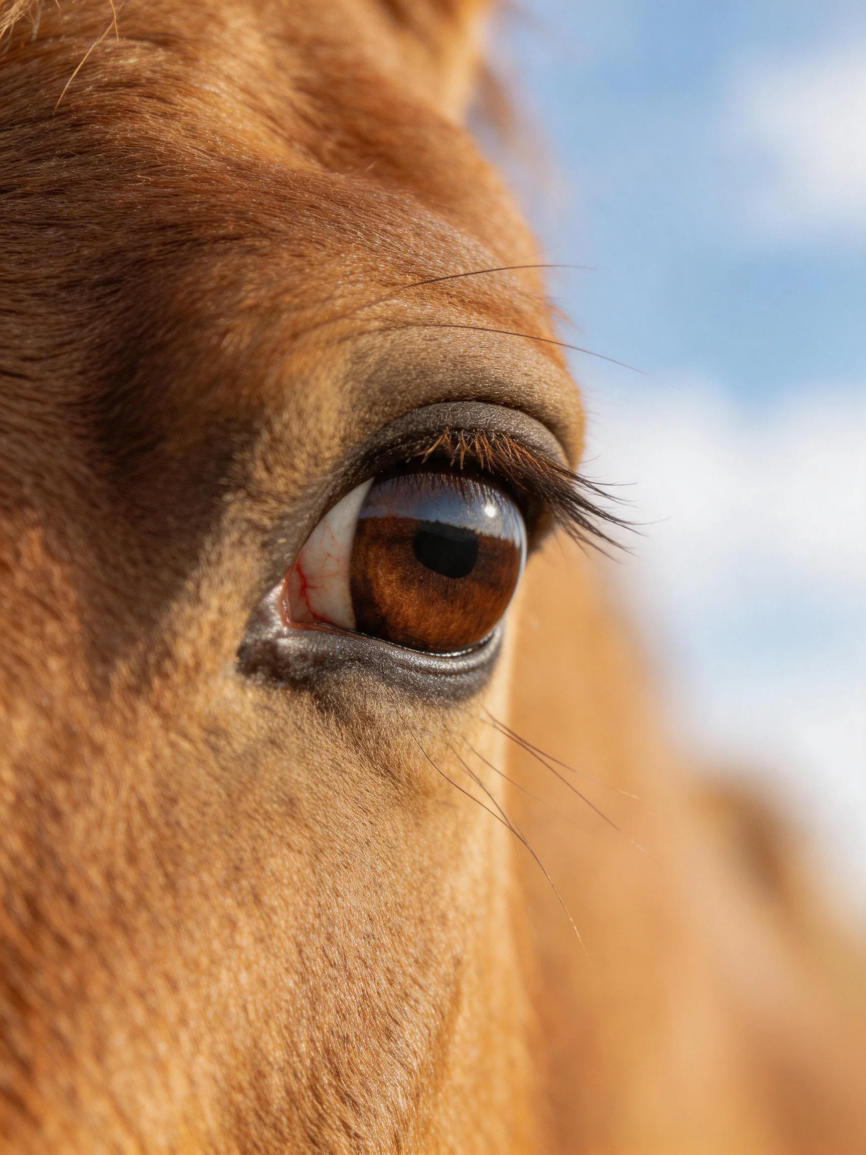 A close - up reveals a brown horse’s eye with clear details in an outdoor setting.