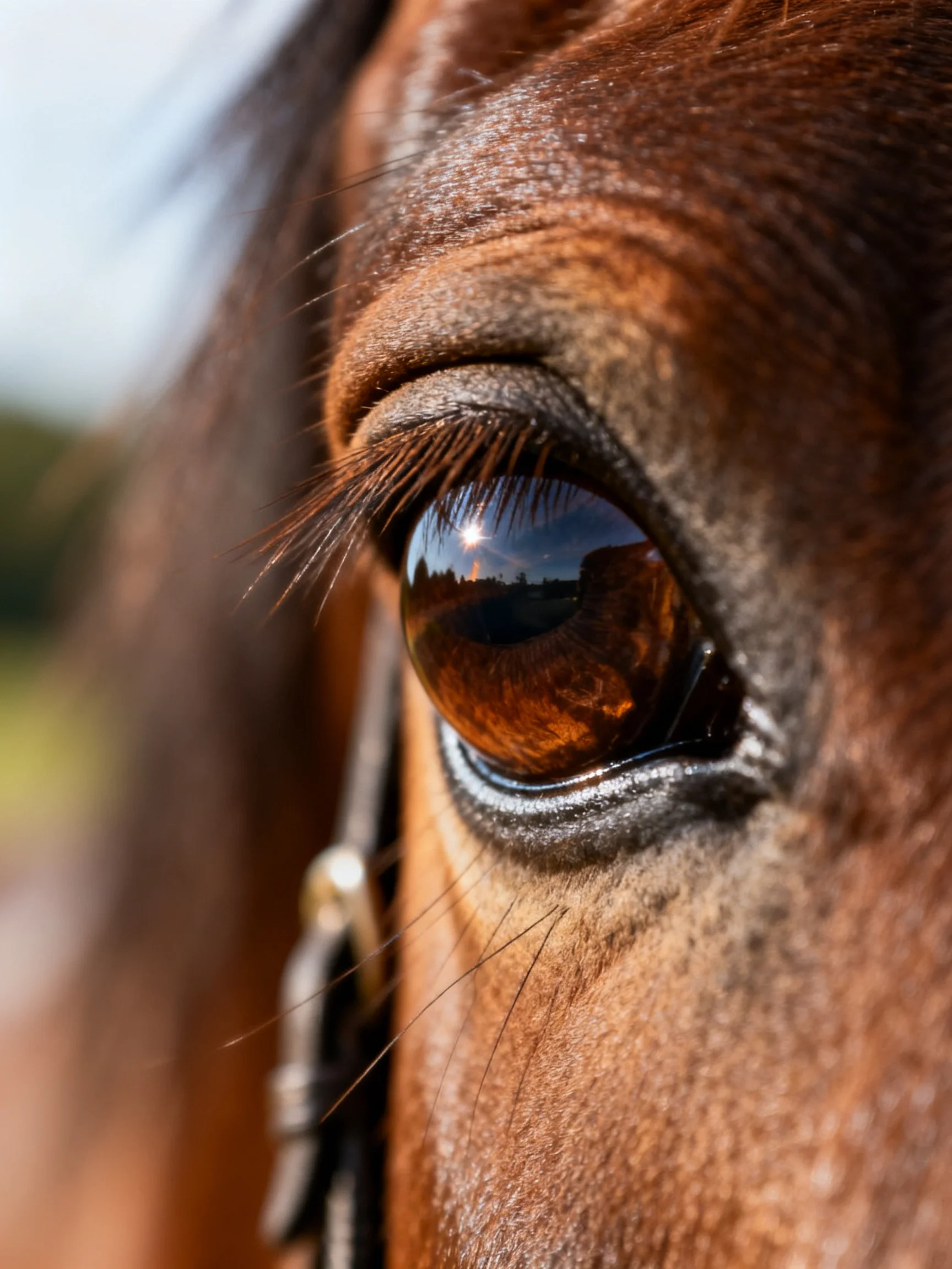 Close - up of a brown horse’s eye with glossy reflection