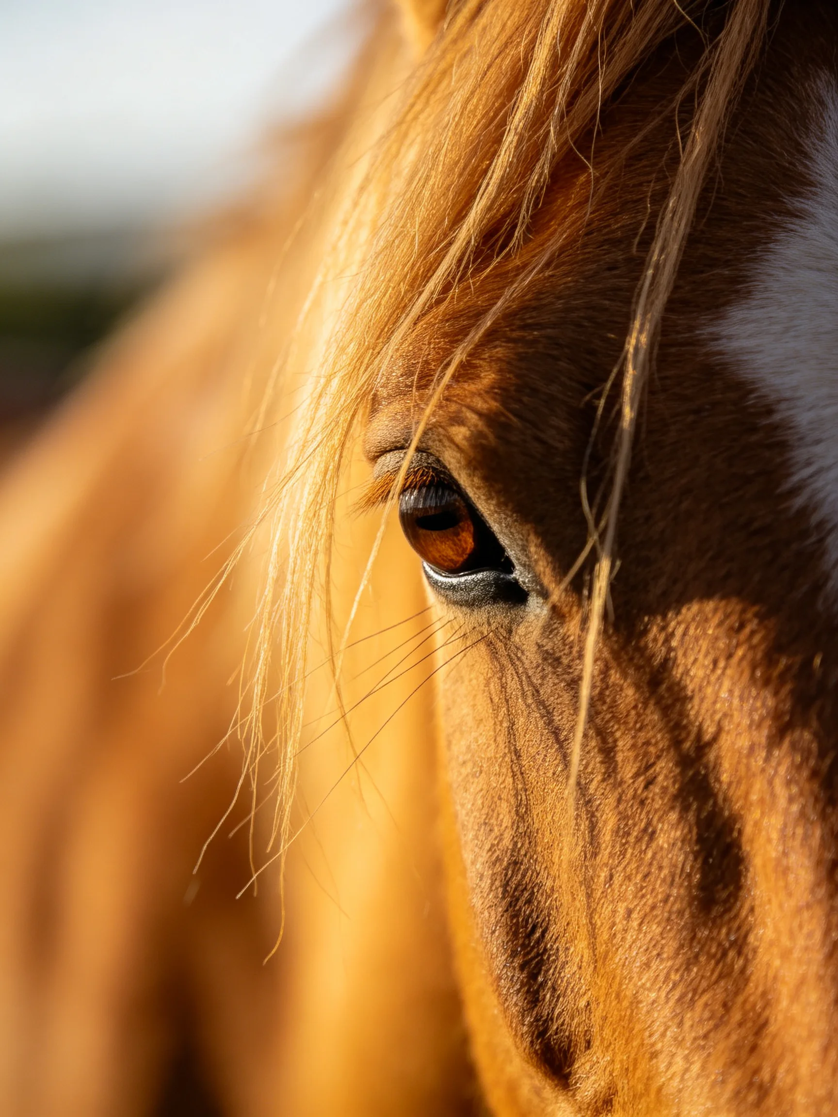 A close - up highlights a brown horse’s eye with golden mane details.