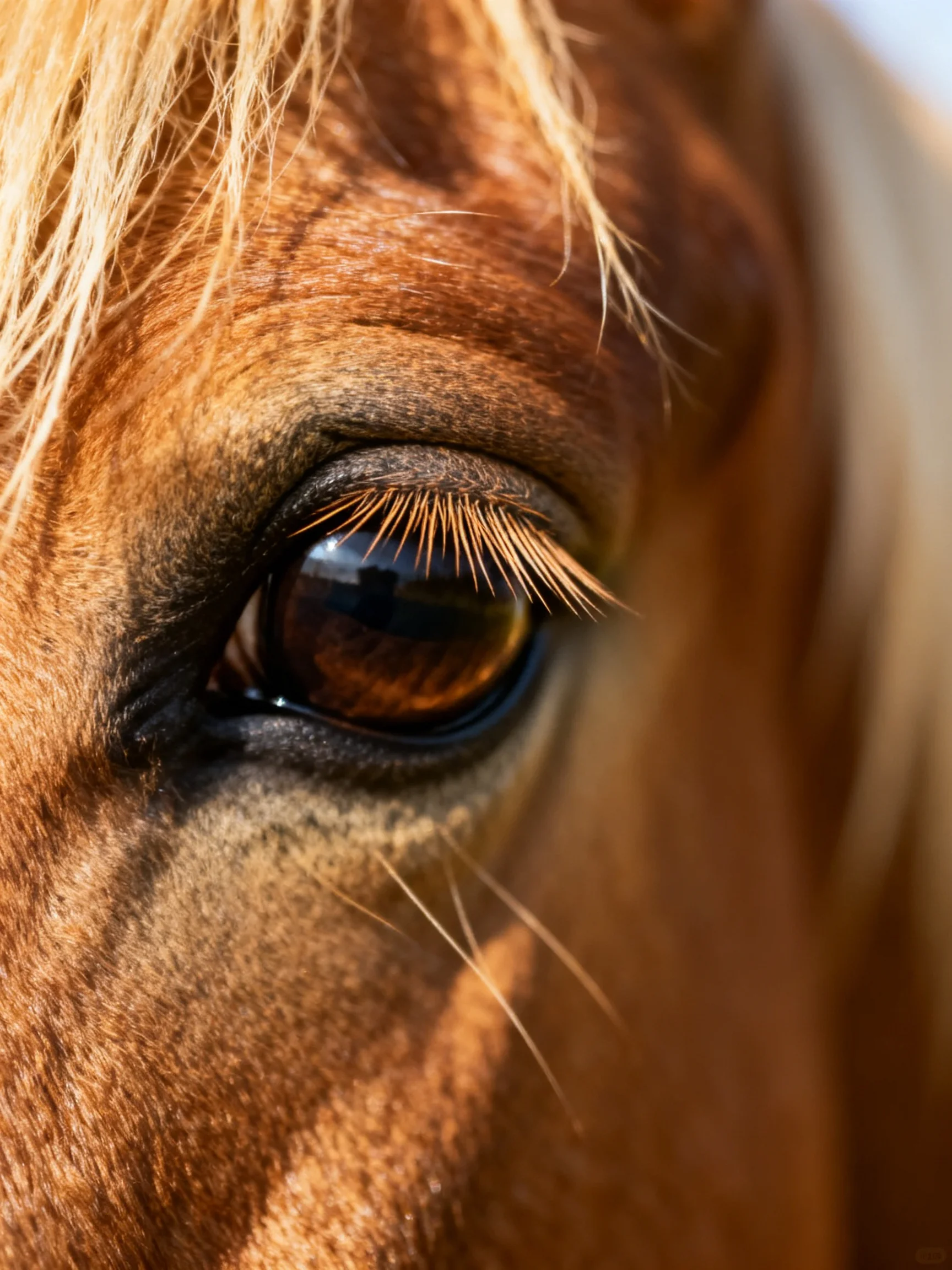 Close - up of a brown horse’s eye with golden mane strands
