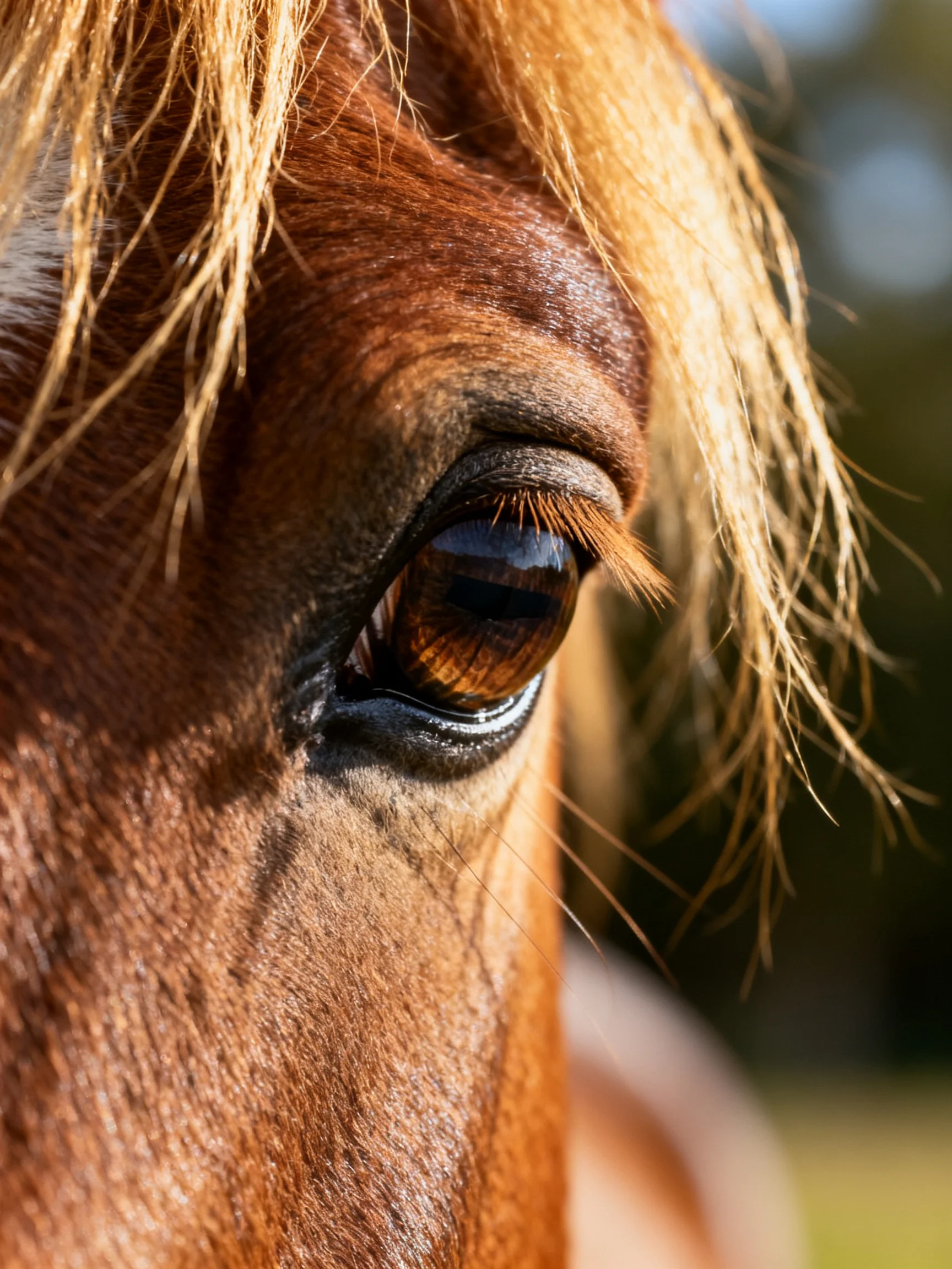 Close - up of a brown horse’s eye with golden mane strands