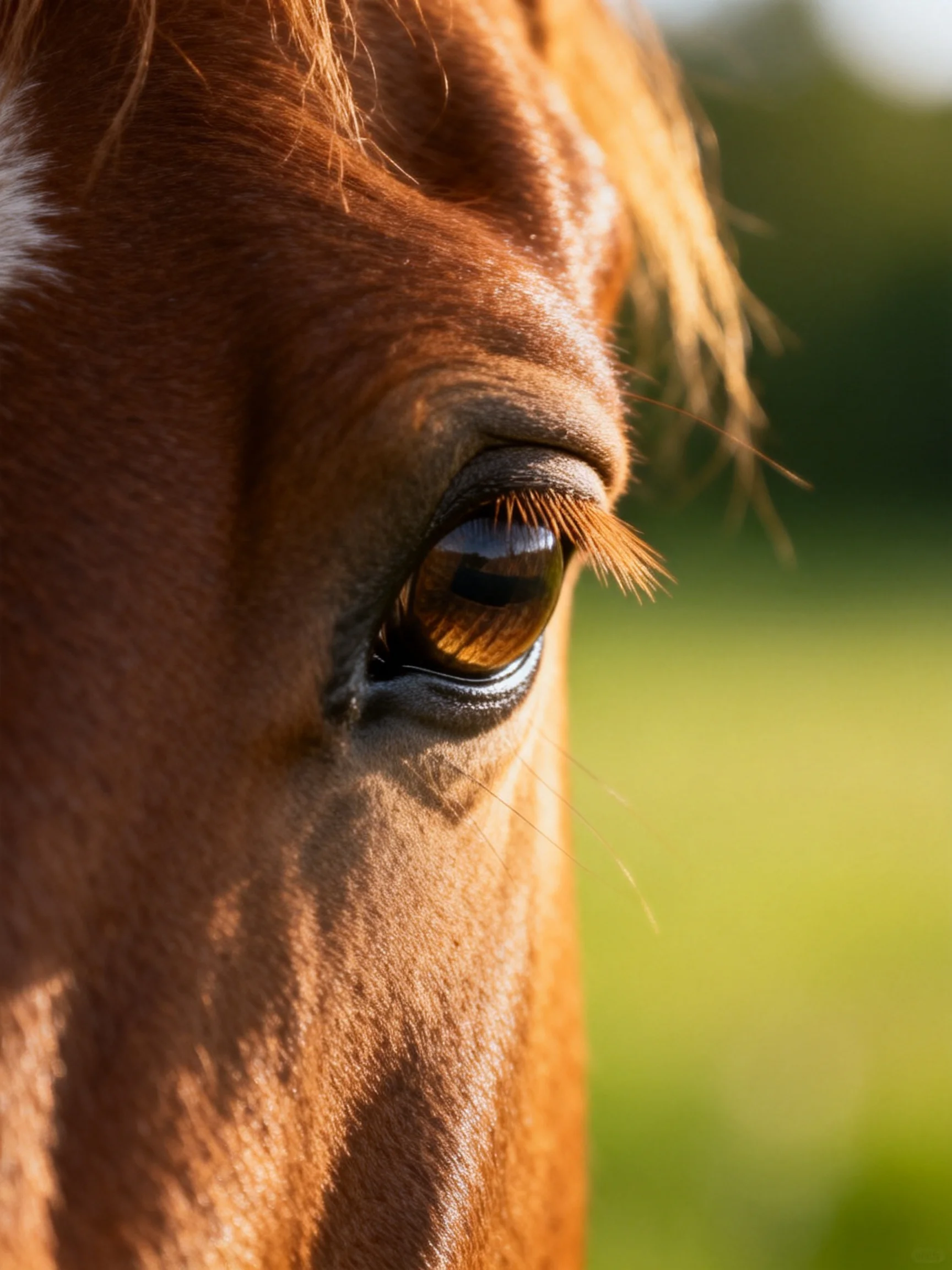 Close - up of a brown horse’s eye with natural lighting