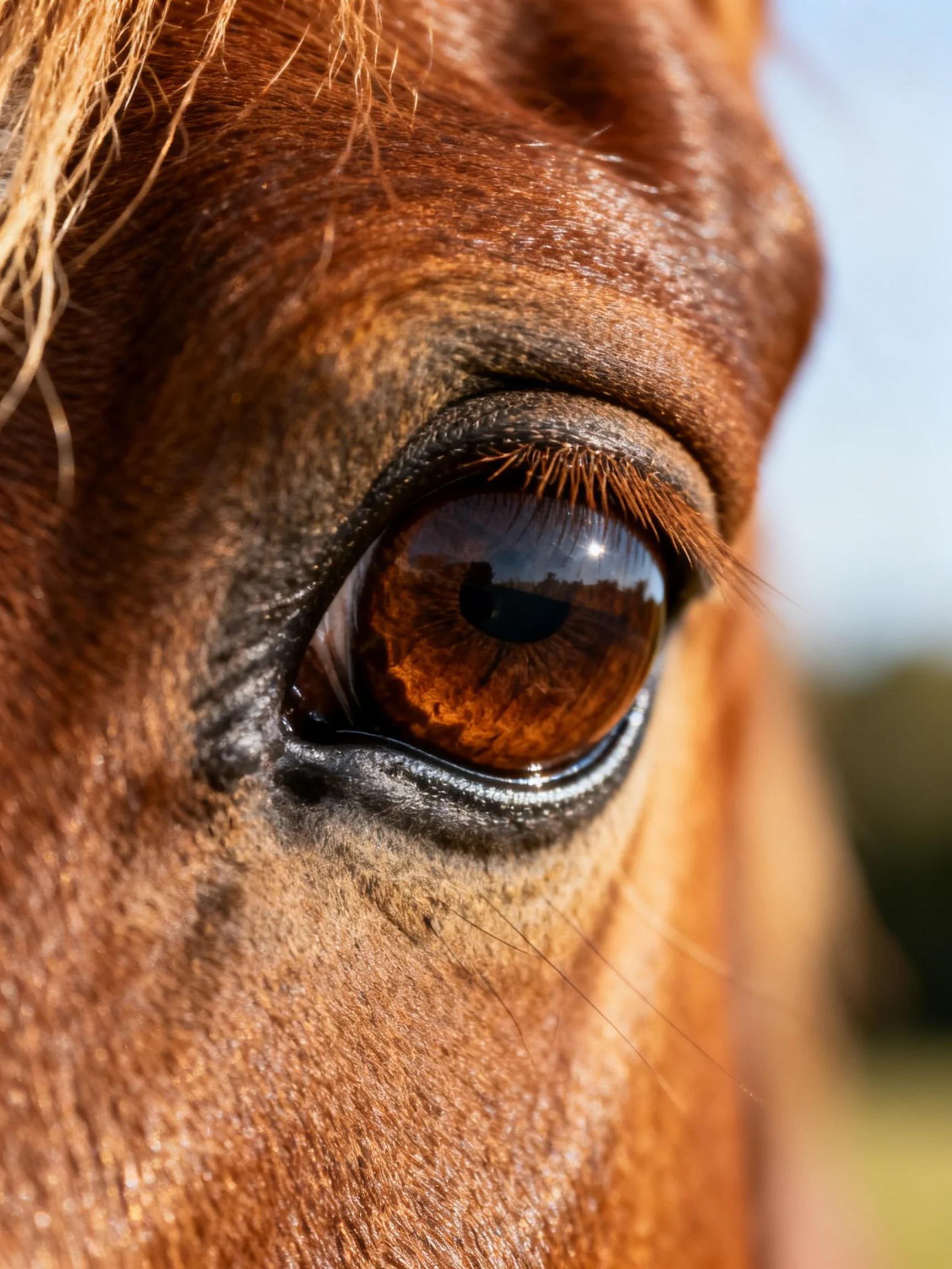 Close - up of a brown horse’s eye with rich textures and warm tones
