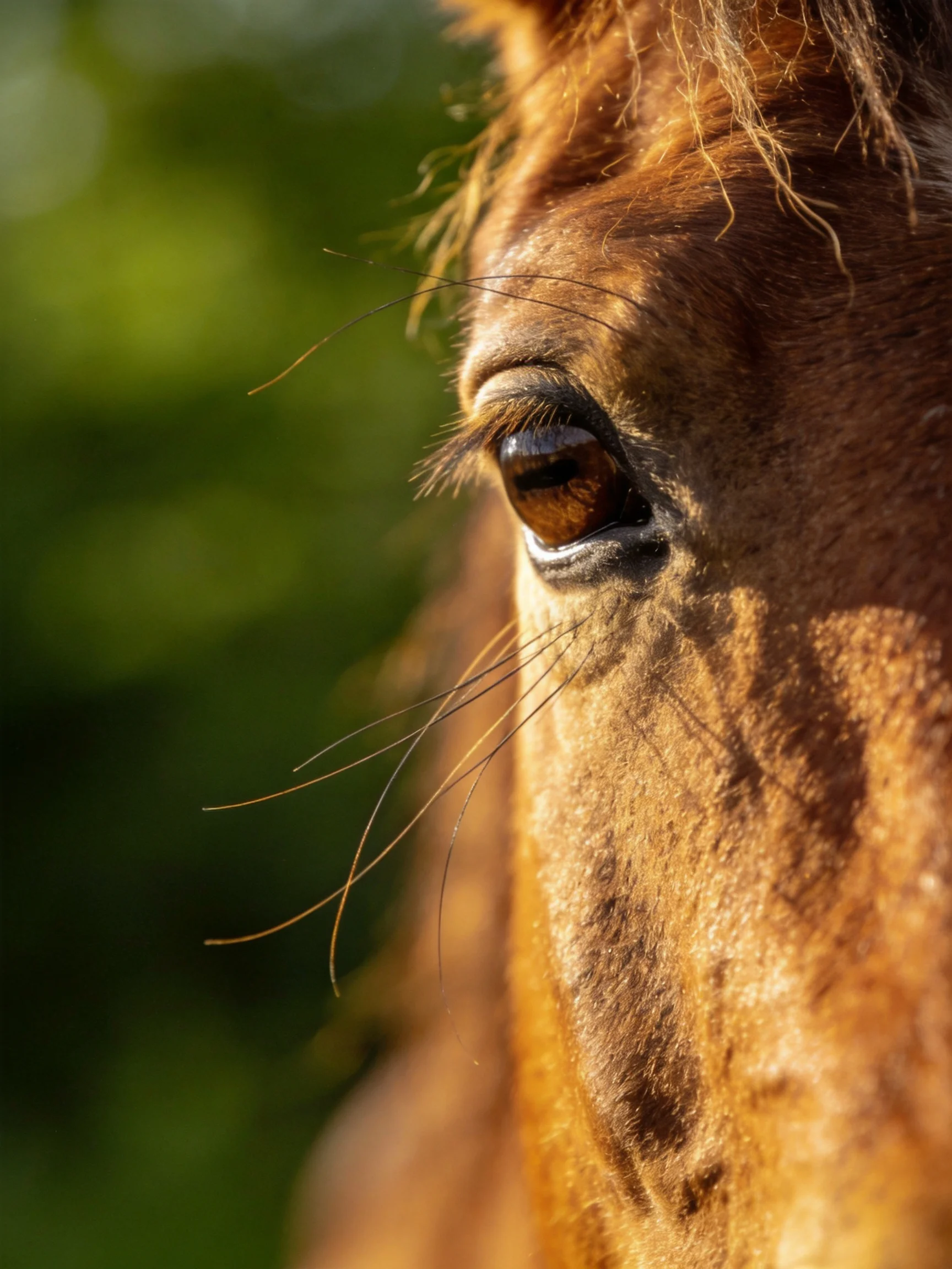 Close - up of a brown horse’s eye with soft green bokeh background