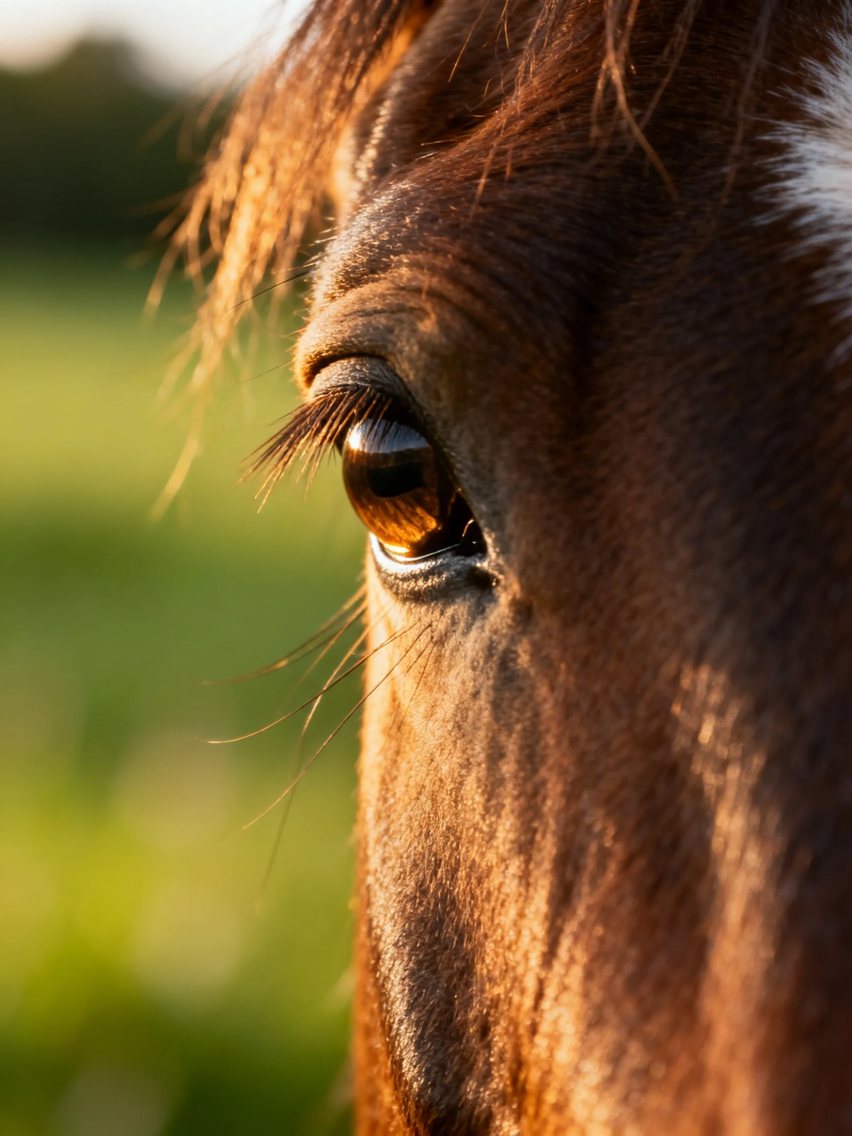 Close - up of a brown horse’s eye with warm golden lighting