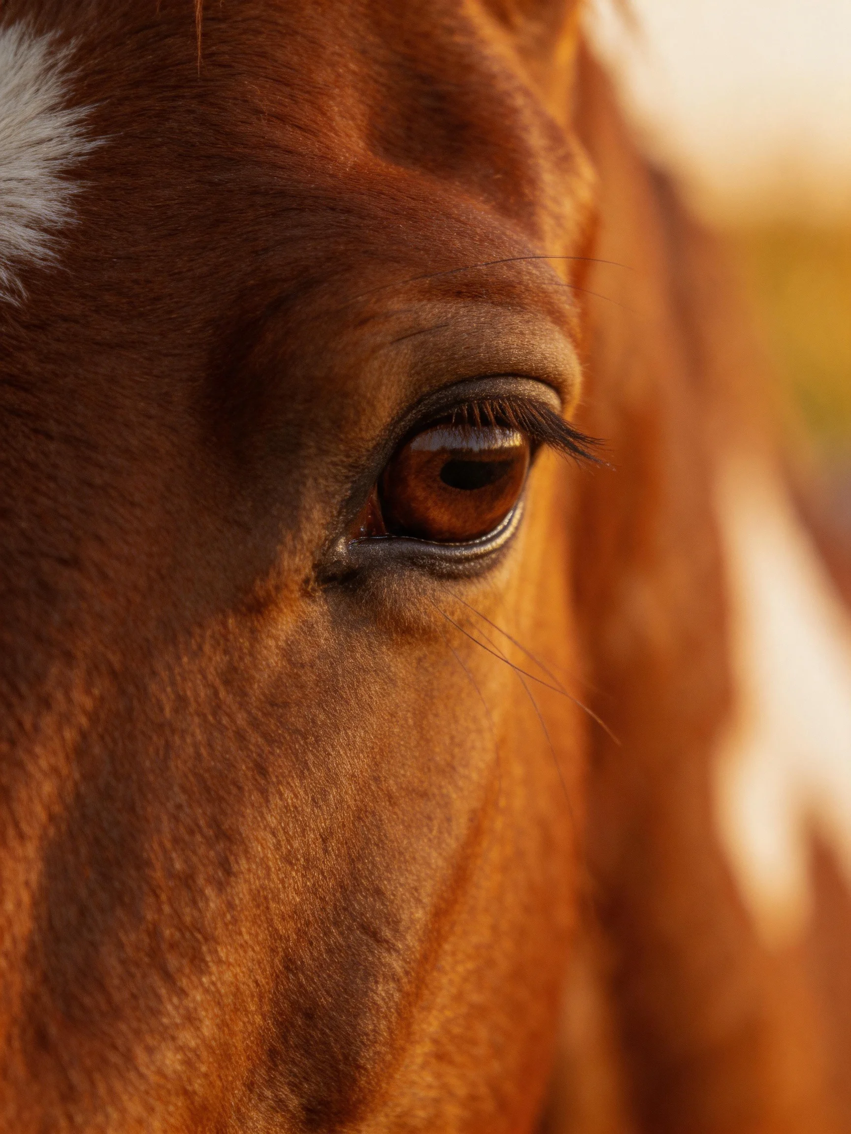 A close - up highlights a brown horse’s eye with white patches.