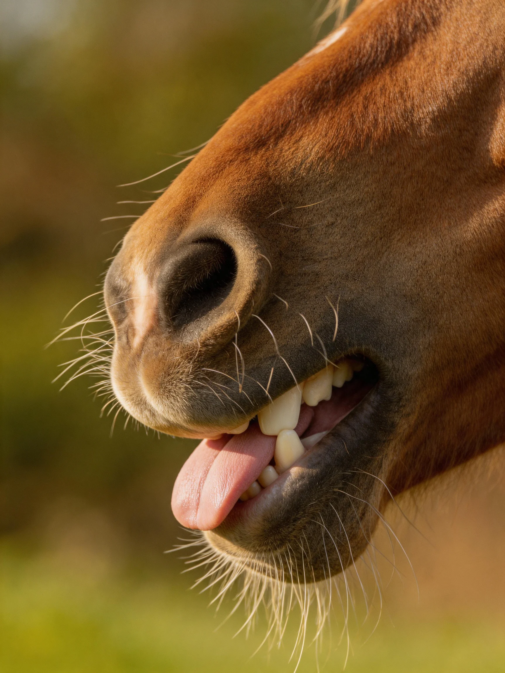 Close - up of a brown horse’s face with exposed teeth and tongue