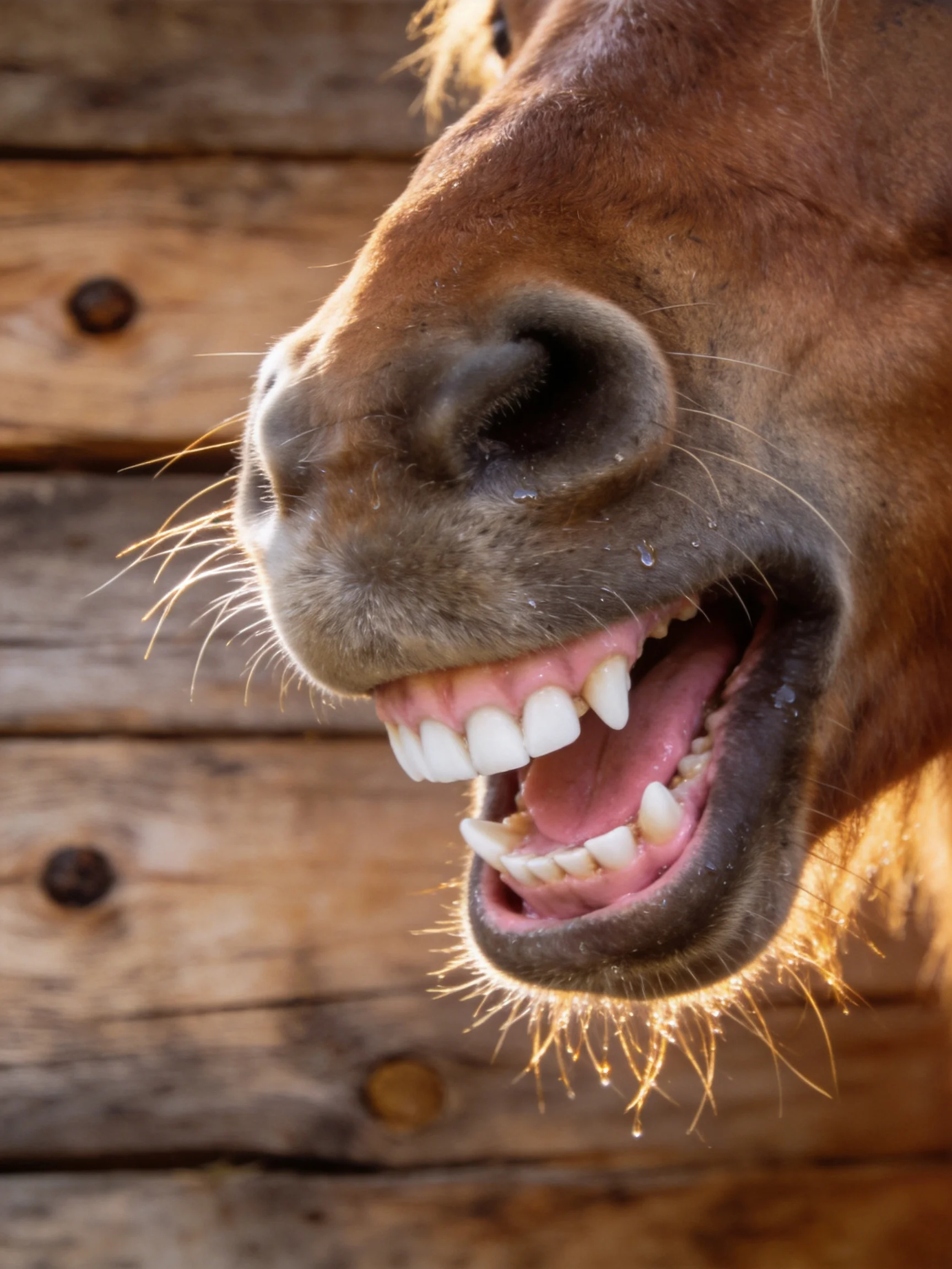 Close - up of a brown horse’s mouth with white teeth near wooden planks