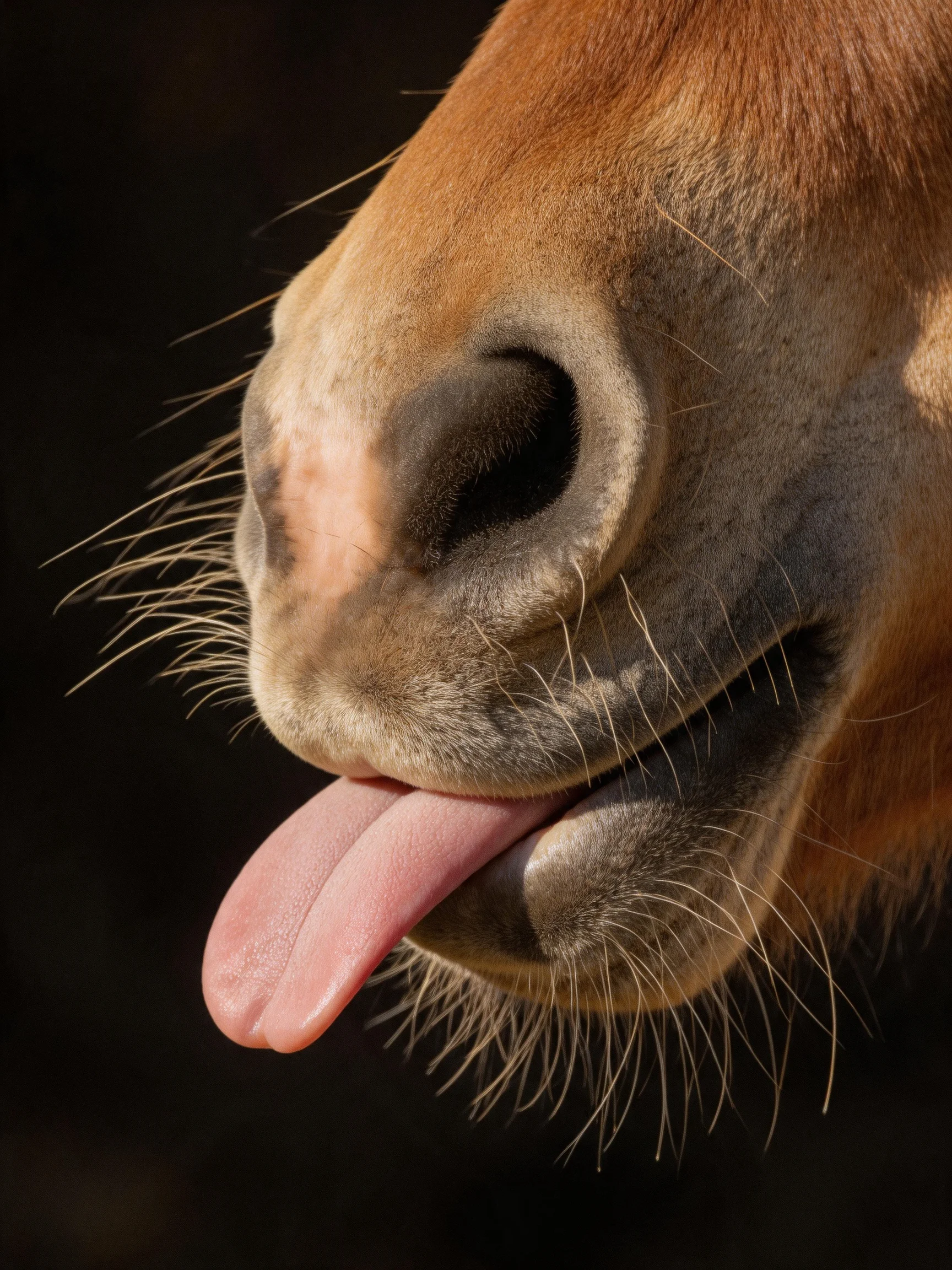 Close - up of a brown horse’s nose and mouth with pink tongue